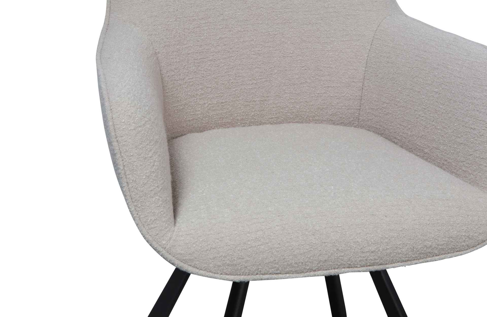 Der schöne Esszimmerstuhl Juno überzeugt mit seinem modernem Design. Gefertigt wurde der Stuhl aus einem Boucle Stoff, welcher eine Sand Farbe besitzt.