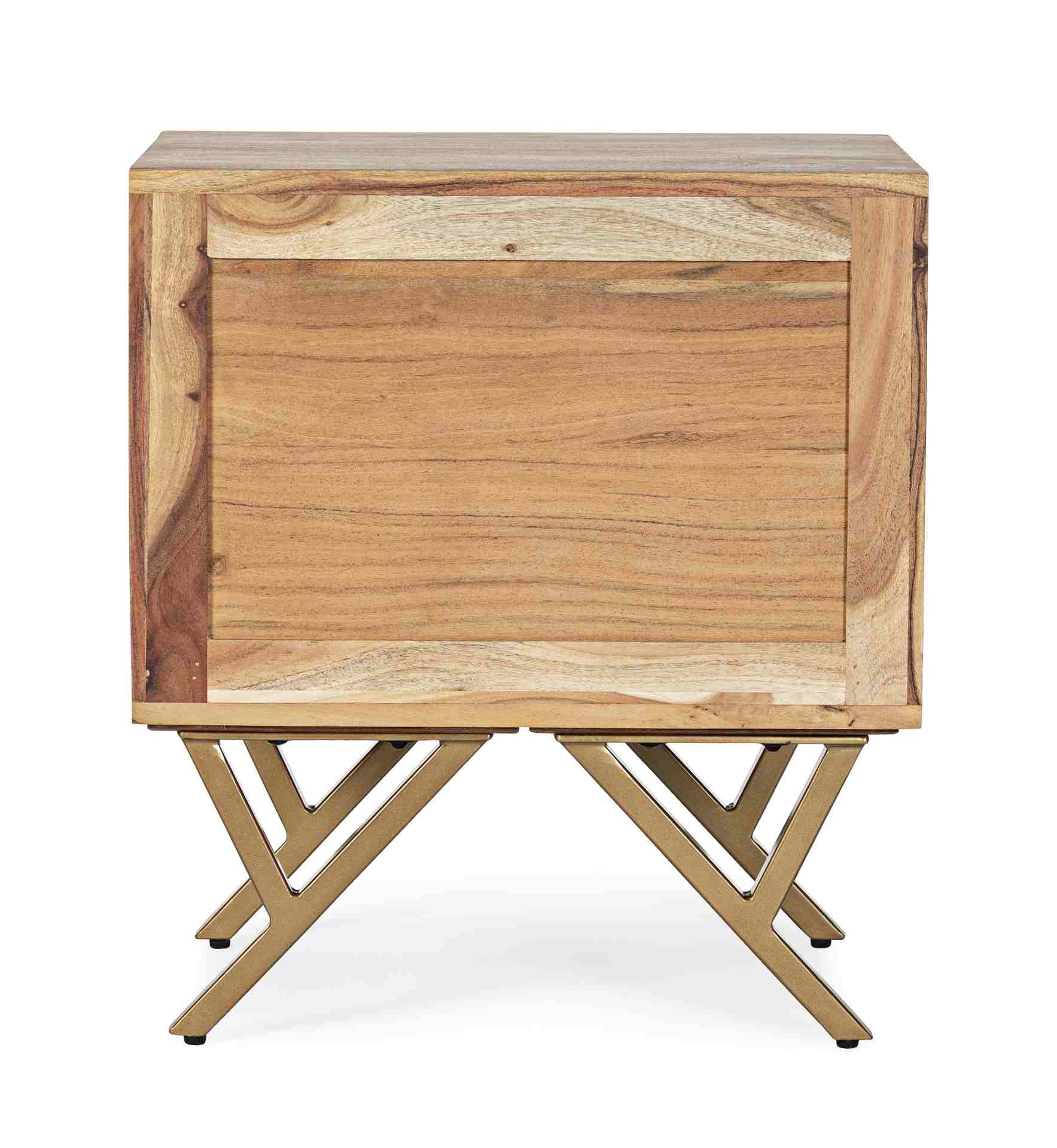 Der Nachttisch Raida überzeugt mit seinem modernen Design. Gefertigt wurde er aus Akazienholz, welches einen natürlichen Farbton besitzt. Das Gestell ist aus Metall und hat eine goldene Farbe. Der Nachttisch verfügt über zwei Schubladen. Die Breite beträg