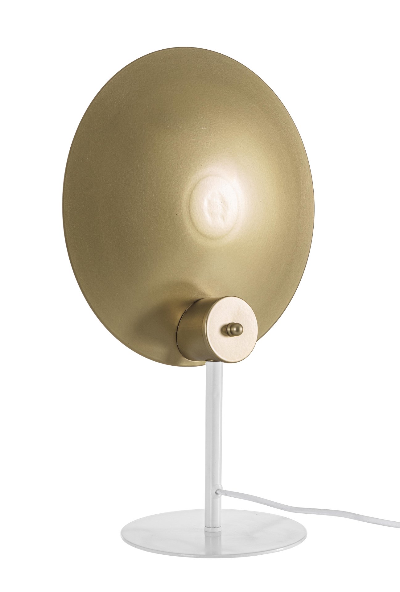 Die Tischleuchte Design überzeugt mit ihrem modernen Design. Gefertigt wurde sie aus Metall, welches einen weißen Farbton besitzt. Der Lampenschirm ist auch aus Metall und hat eine goldene Farbe. Die Lampe besitzt eine Höhe von 46 cm.