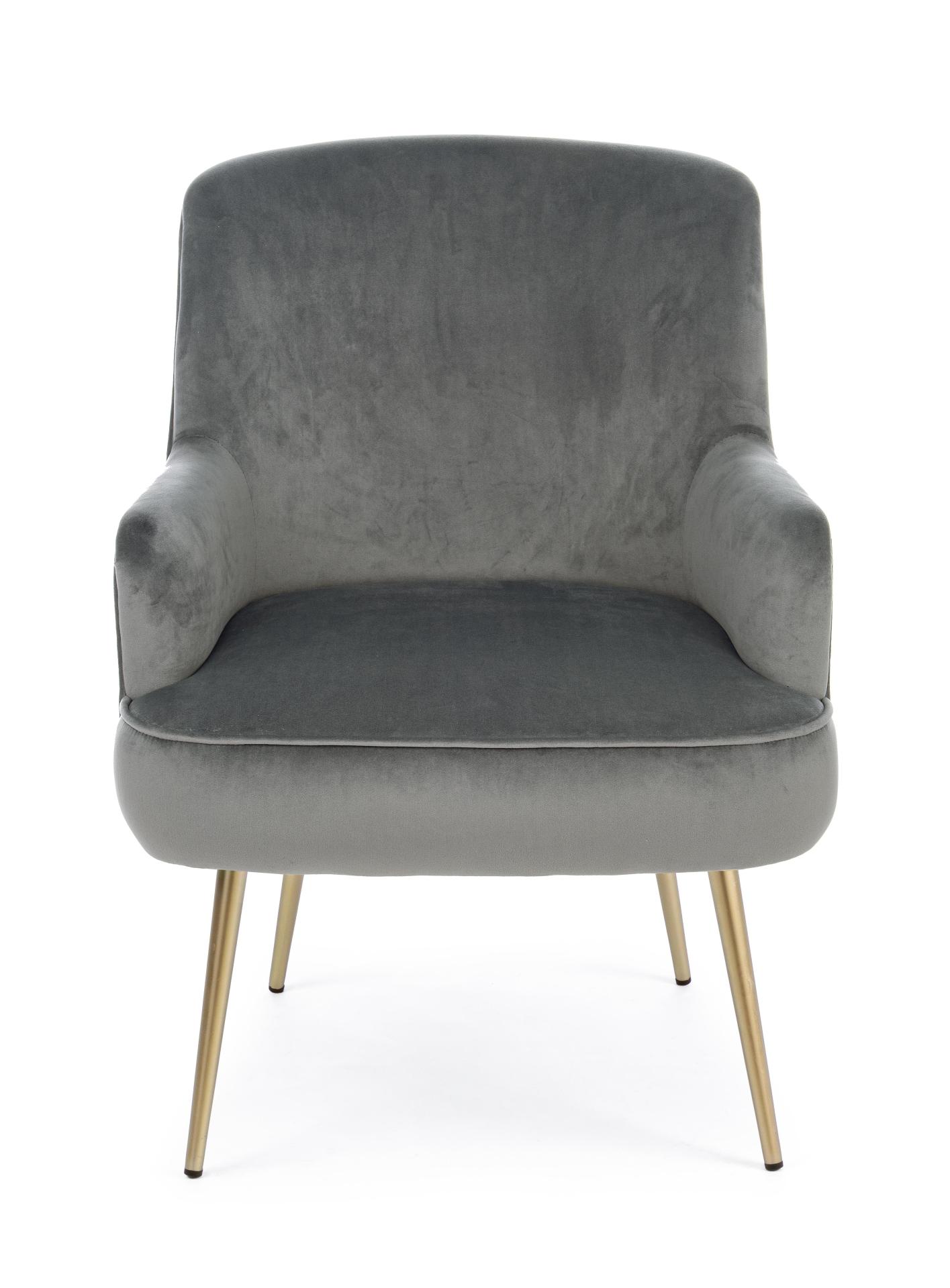 Der Sessel Clelia überzeugt mit seinem modernen Design. Gefertigt wurde er aus Stoff in Samt-Optik, welcher einen grauen Farbton besitzt. Das Gestell ist aus Metall und hat eine goldene Farbe. Der Sessel besitzt eine Sitzhöhe von 43 cm. Die Breite beträgt