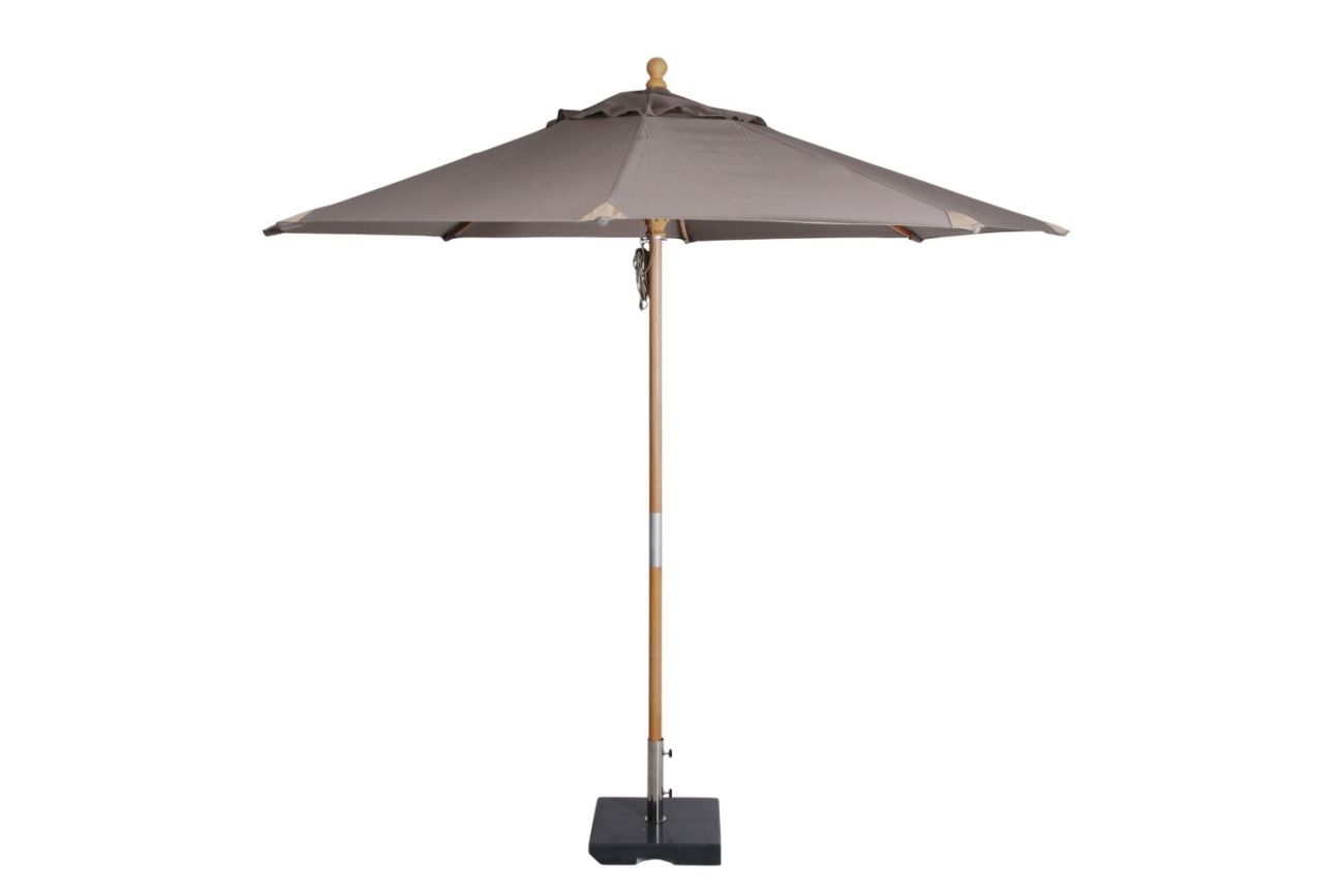 Der Sonnenschirm Reggio überzeugt mit seinem modernen Design. Gefertigt wurde er aus Kunstfasern, welcher einen Taupe Farbton besitzt. Das Gestell ist aus Buchenholz und hat eine natürliche Farbe. Der Schirm hat einen Durchmesser von 300 cm.