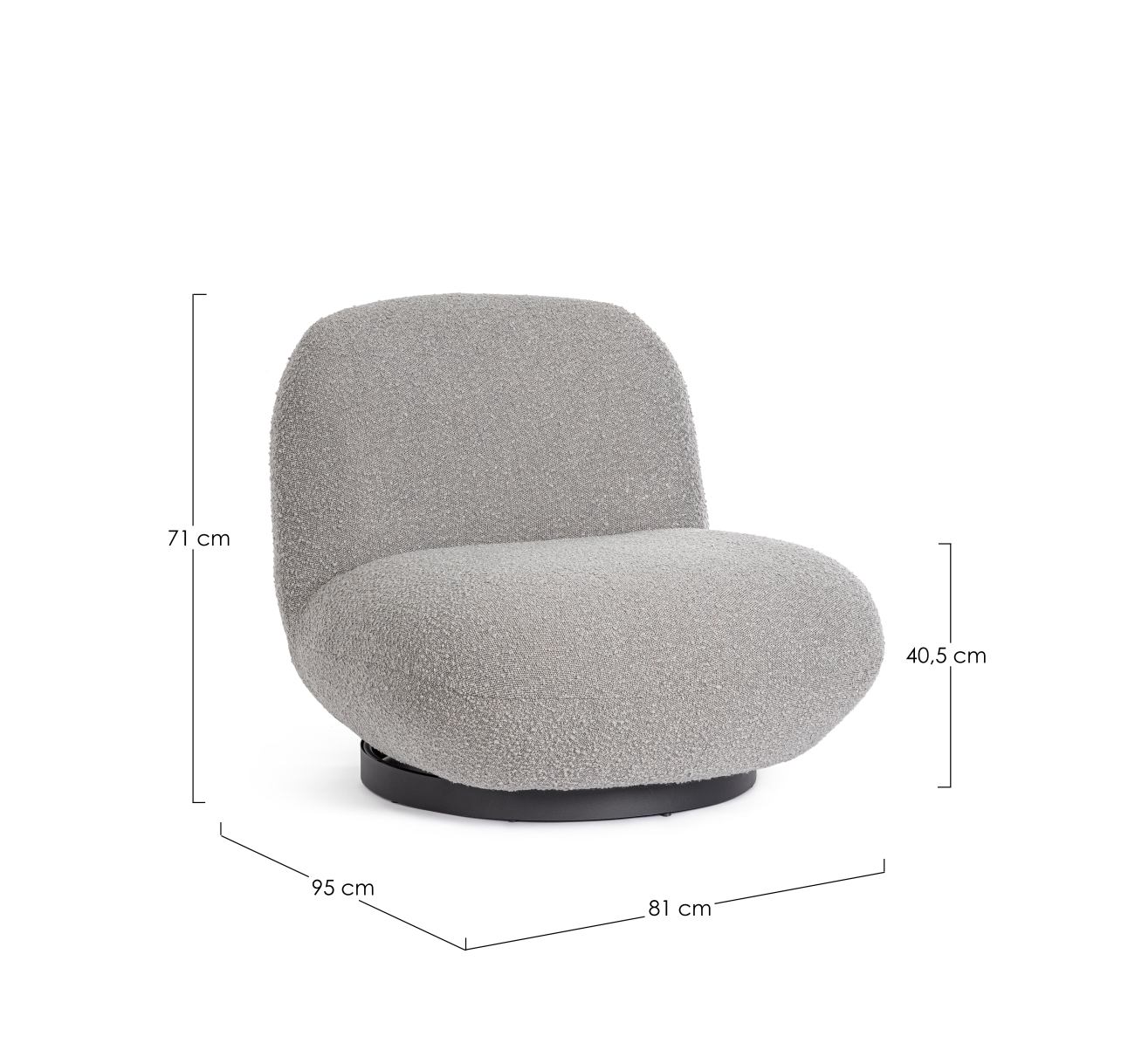 Der Sessel Margot überzeugt mit seinem modernen Stil. Gefertigt wurde er aus Bouclè-Stoff, welcher einen grauen Farbton besitzt. Das Gestell ist aus Metall und hat eine schwarze Farbe. Der Sessel verfügt über eine Drehfunktion.