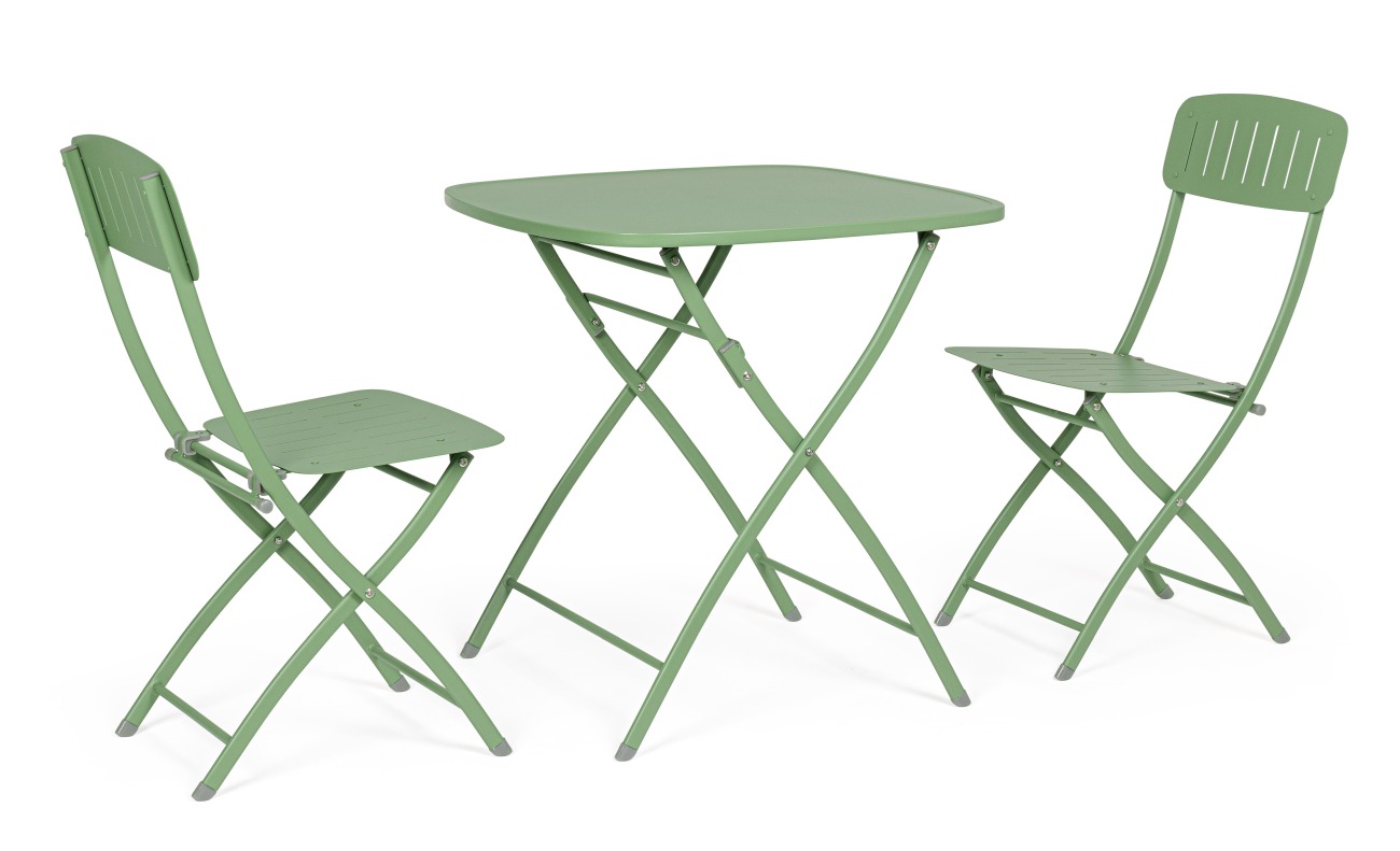 Das Garten-Set Yvonne überzeugt mit seinem modernen Design. Gefertigt wurde es aus Metall, welcher einen Salbei Farbton besitzt. Das Gestell ist auch aus Metall und hat eine Salbei Farbe. Das Set besteht aus zwei Stühlen und einem Tisch.