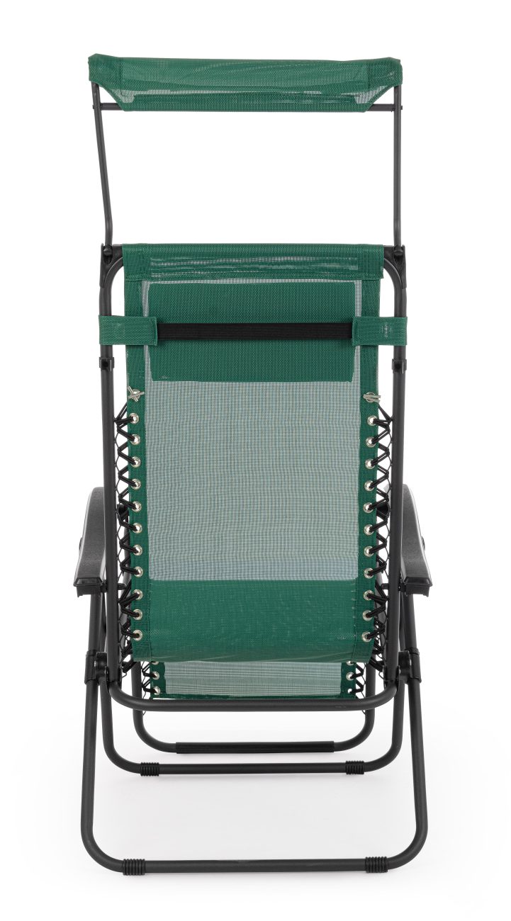 Der Loungesessel Wayne überzeugt mit seinem modernen Design. Gefertigt wurde er aus Textilene, welches einen grünen Farbton besitzt. Das Gestell ist aus Metall und hat eine schwarze Farbe. Der Sessel ist klappbar und besitzt ein Dach