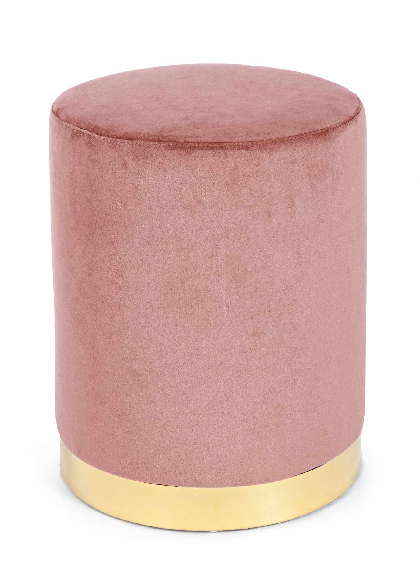 Der Pouf Lucilla überzeugt mit seinem modernen Design. Gefertigt wurde er aus Stoff in Samt-Optik, welcher einen rosa Farbton besitzt. Das Gestell ist aus Metall und hat eine goldene Farbe. Der Durchmesser beträgt 35 cm.