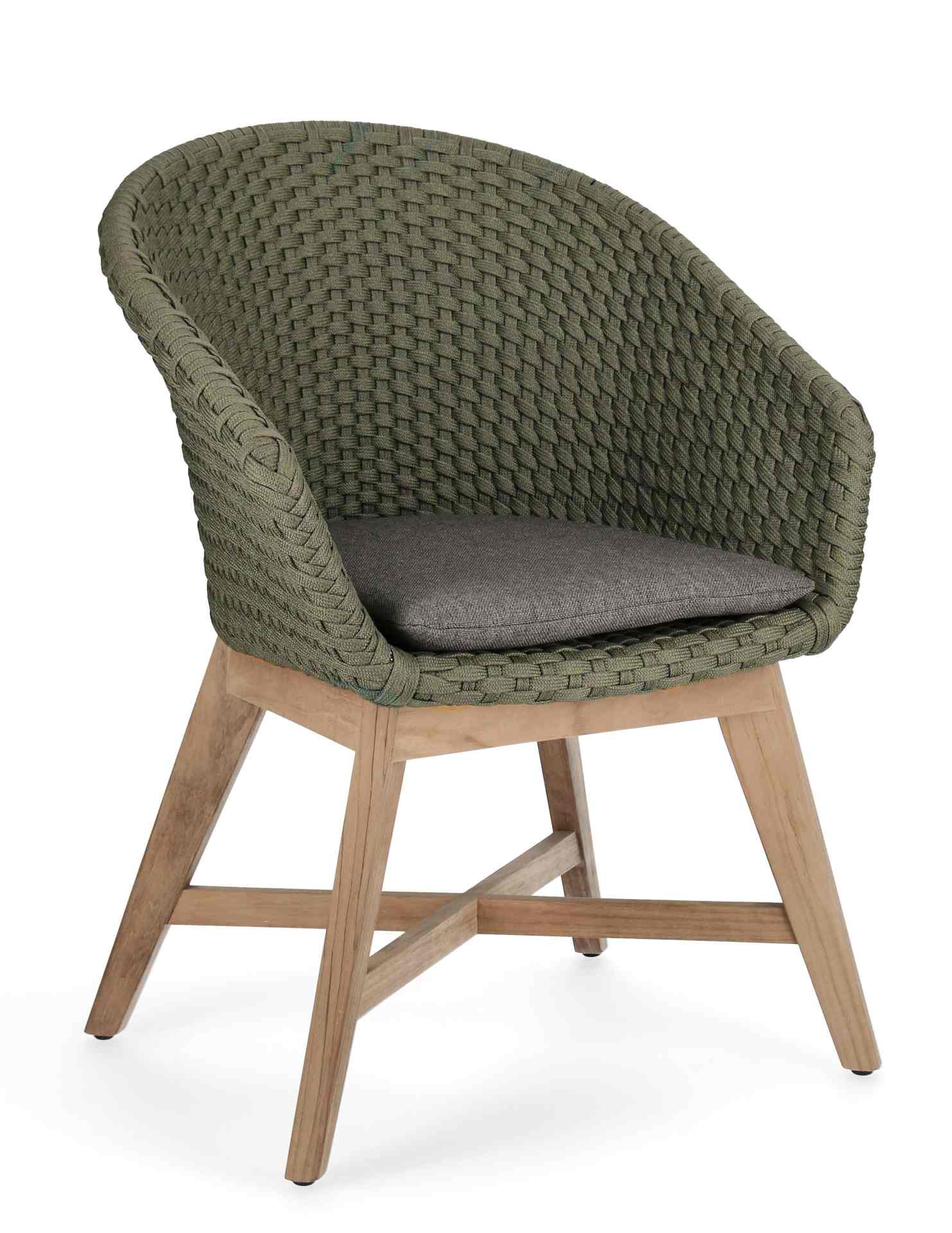 Der Gartenstuhl Coachella überzeugt mit seinem modernen Design. Gefertigt wurde er aus Olefin-Stoff, welcher einen grünen Farbton besitzt. Das Gestell ist aus Teakholz und hat eine natürliche Farbe. Der Stuhl verfügt über eine Sitzhöhe von 46 cm und ist f