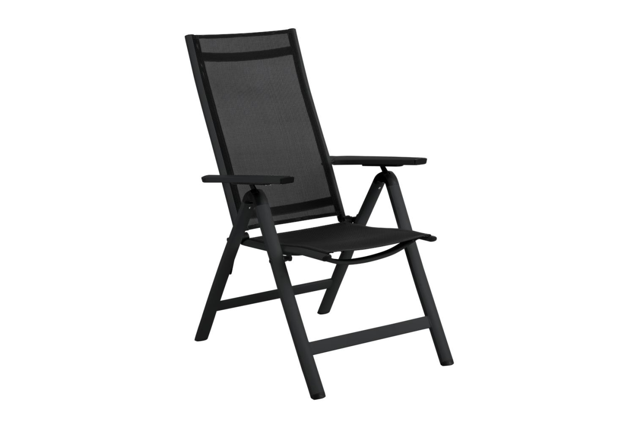 Der Gartenstuhl Rana überzeugt mit seinem modernen Design. Gefertigt wurde er aus Textilene, welcher einen schwarzen Farbton besitzt. Das Gestell ist aus Metall und hat eine schwarze Farbe. Die Sitzhöhe des Stuhls beträgt 48 cm.