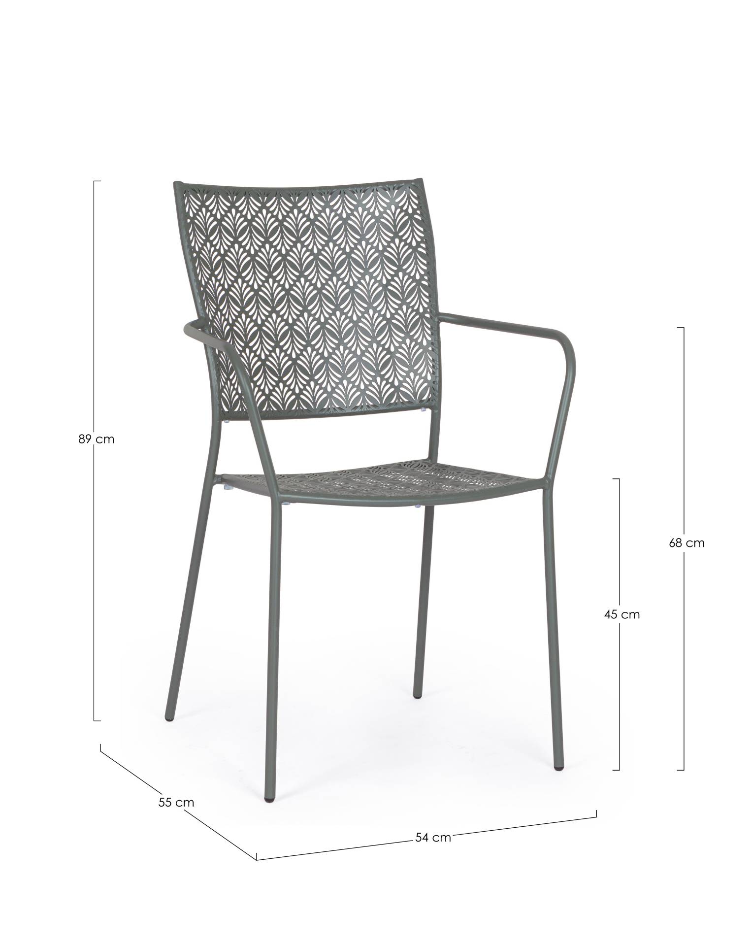 Der Gartenstuhl Lizette überzeugt mit seinem klassischen Design. Gefertigt wurde er aus Aluminium, welches einen grünen Farbton besitzen. Das Gestell ist aus Aluminium und hat eine grüne Farbe. Der Stuhl verfügt über eine Sitzhöhe von 45 cm und ist für de