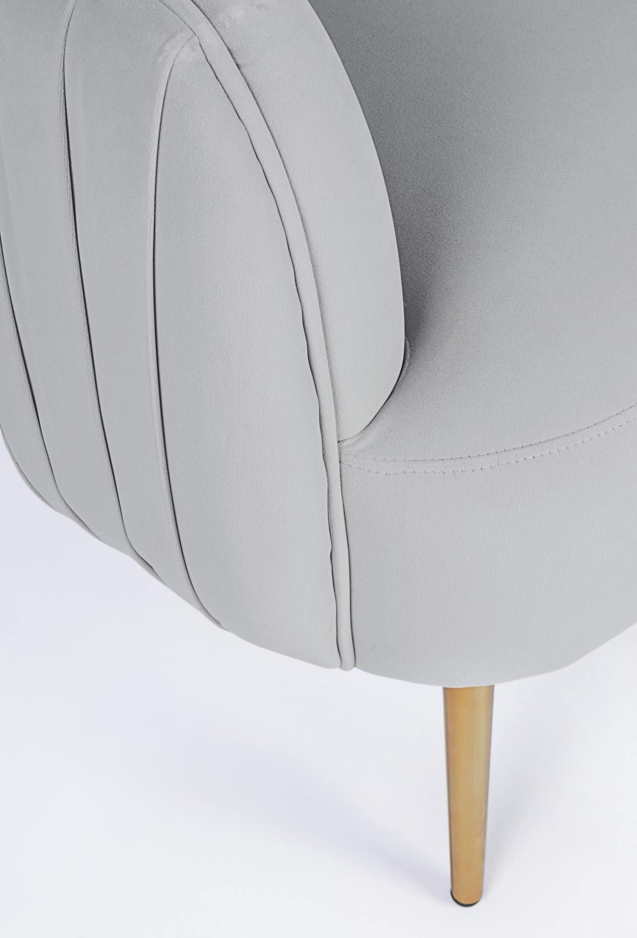 Der Sessel Linsey überzeugt mit seinem modernen Design. Gefertigt wurde er aus Stoff in Samt-Optik, welcher einen hellgrauen Farbton besitzt. Das Gestell ist aus Metall und hat eine goldene Farbe. Der Sessel besitzt eine Sitzhöhe von 45 cm. Die Breite bet