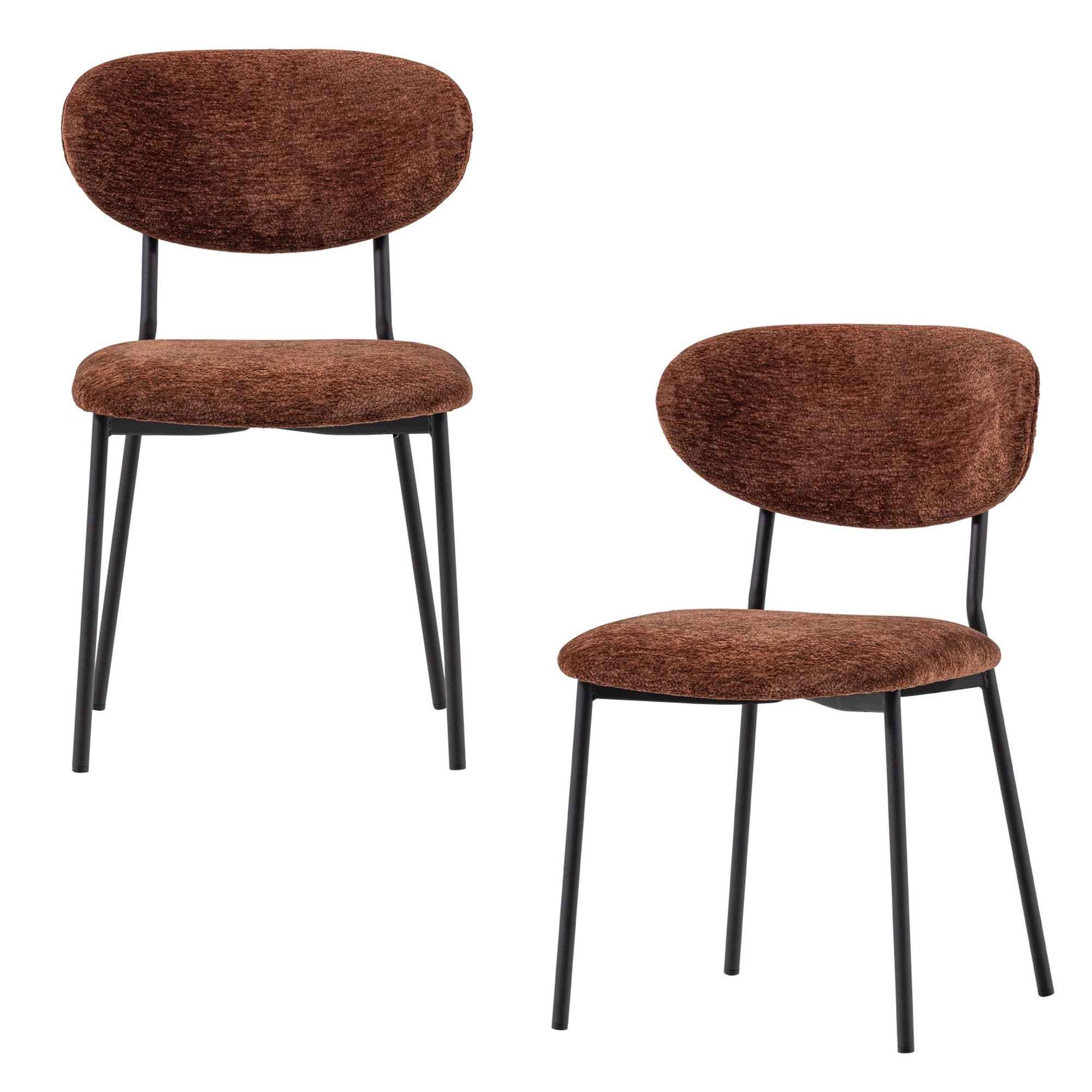 Esszimmerstuhl Kjeld 2er-Set aus Chenille in Braun - modern mit mattschwarzem Metallgestell