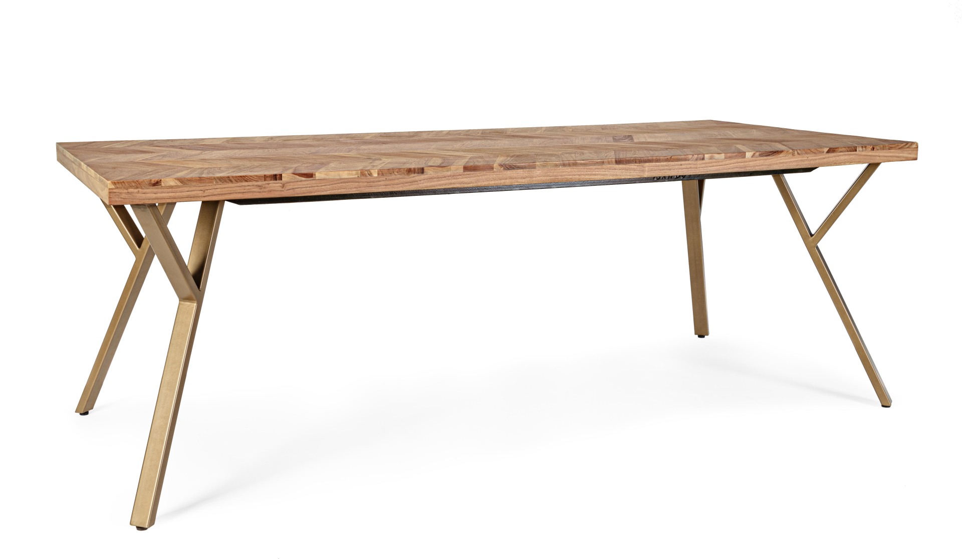 Der Esstisch Raida überzeugt mit seinem moderndem Design. Gefertigt wurde er aus Akazienholz, welches einen natürlichen Farbton besitzt. Das Gestell des Tisches ist aus Metall und ist in eine goldene Farbe. Der Tisch besitzt eine Breite von 220 cm.