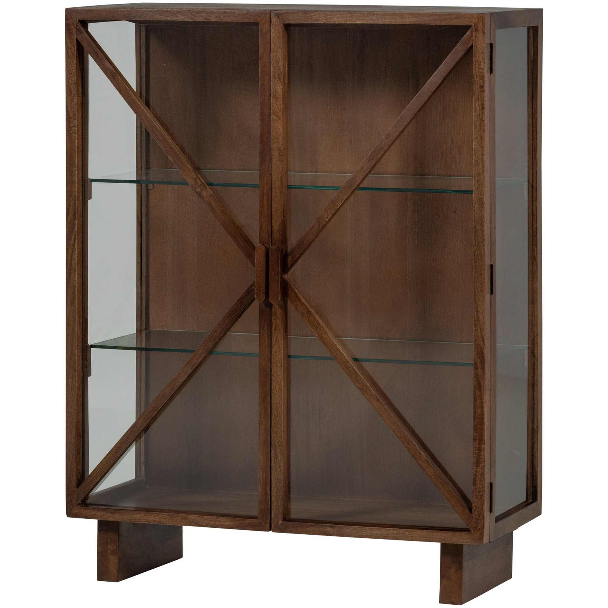 Kella 2-türiger Schrank Mangoholz Braun - elegante Vitrine mit Glas & Ablagefächern, 137 x 40 x 39 cm