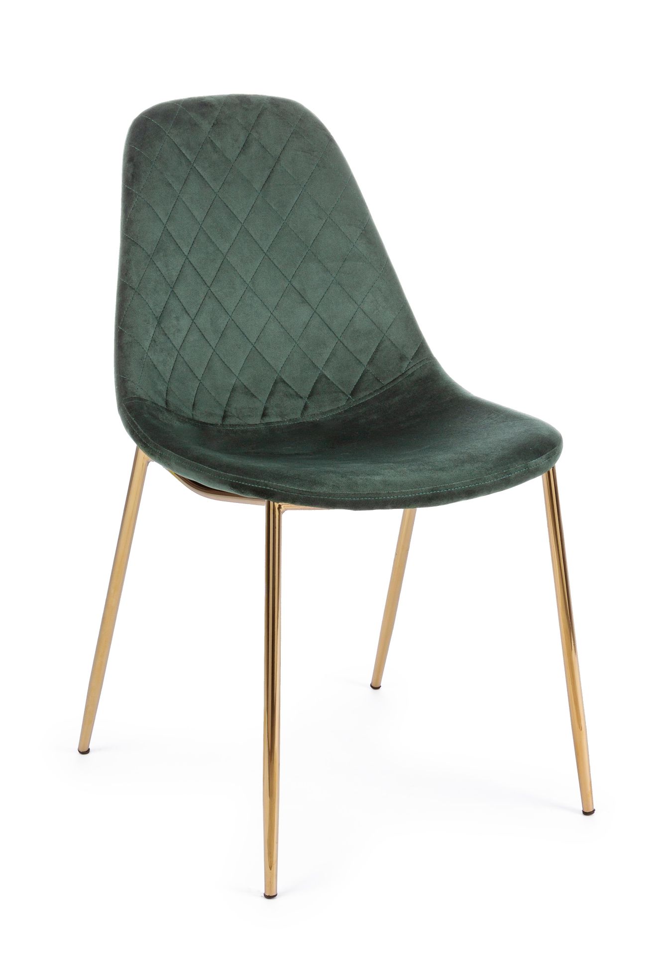 Der Esszimmerstuhl Terry überzeugt mit seinem modernem Design. Gefertigt wurde der Stuhl aus einem Samt-Bezug, welcher einen Dunkelgrünen Farbton besitzt. Das Gestell ist aus Metall und ist Gold. Die Sitzhöhe beträgt 47 cm.