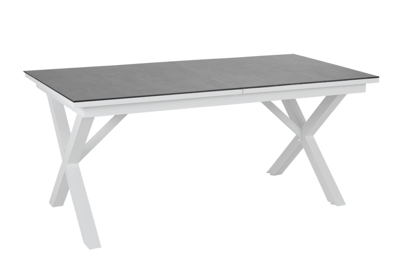 Der Gartenesstisch Hillmond überzeugt mit seinem modernen Design. Gefertigt wurde die Tischplatte aus Granit und besitzt einen weißen Farbton. Das Gestell ist auch aus Metall und hat eine weiße Farbe. Der Tisch besitzt eine Länger von 166 cm welche bis au