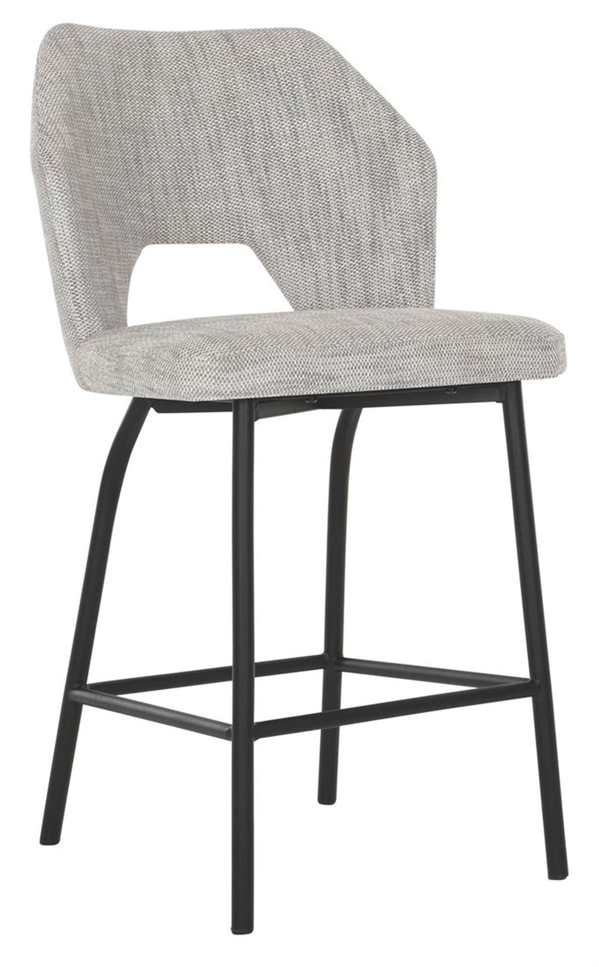 Der Barstuhl Bloom überzeugt mit seinem modernem aber auch schlichtem Design. Gefertigt wurde der Stuhl aus einem Polaris Stoff, welcher einen Hellgrauen Farbton besitzt. Das Gestell ist aus Metall und ist Schwarz.