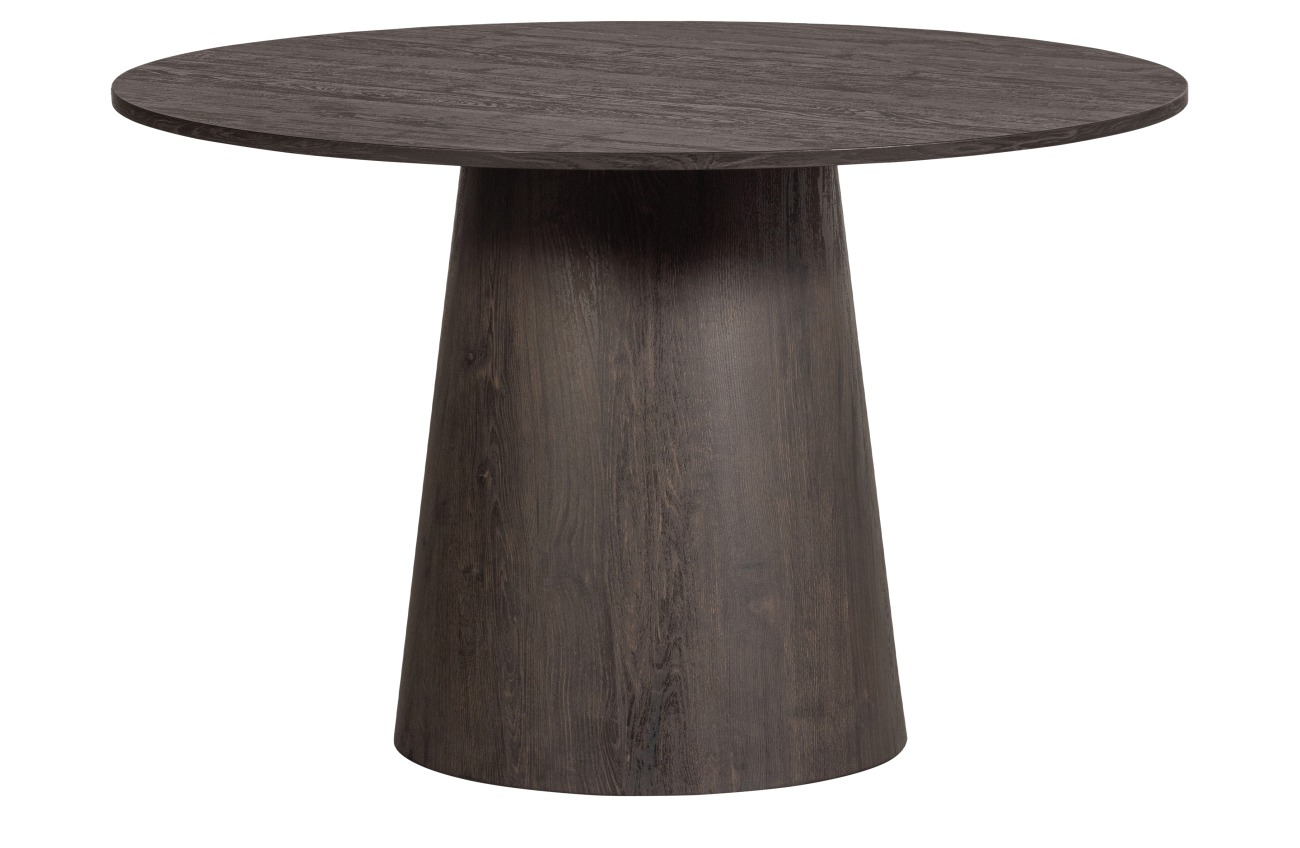 Der Esstisch Maa  überzeugt mit seinem modernen Stil. Gefertigt wurde er aus MDF, welches einen dunkelbraunen Farbton besitzt. Das Gestell ist auch aus MDF. Der Tisch besitzt einen Durchmesser von 120 cm