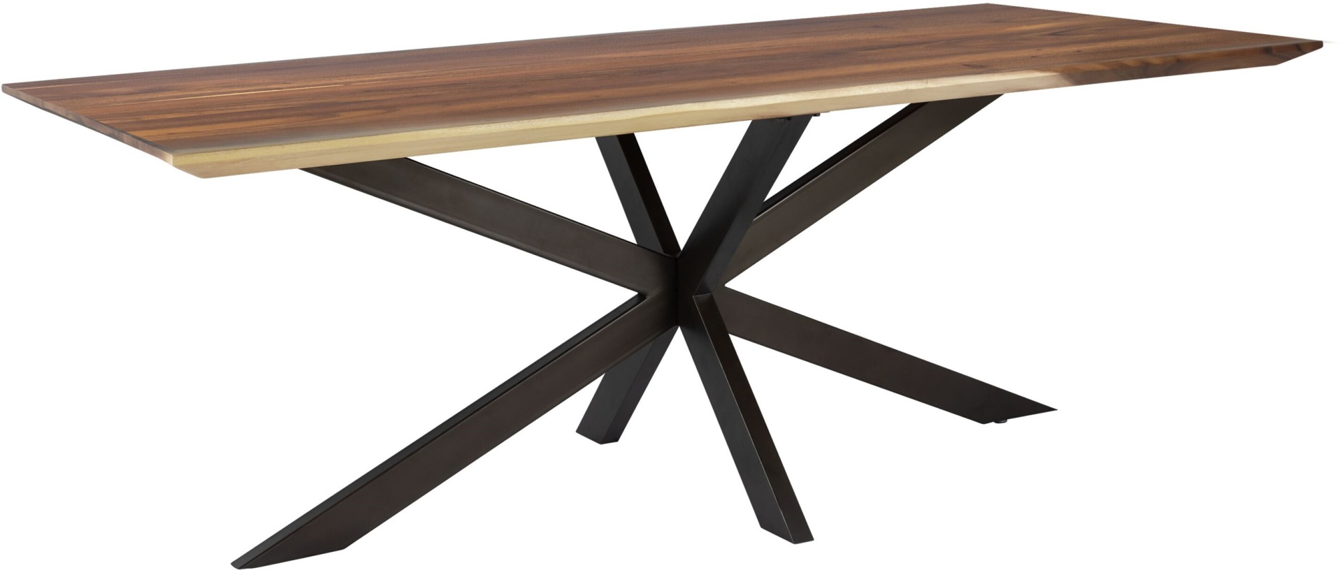 Der Esstisch Flare wurde aus massivem Suar Holz gefertigt, welches einen natürlichen Farbton besitzt. Das Gestell ist aus Metall und besitzt eine schwarze Farbe. Der Esstisch überzeugt mit seinem industriellem aber auch massivem Design. Der Tisch hat eine