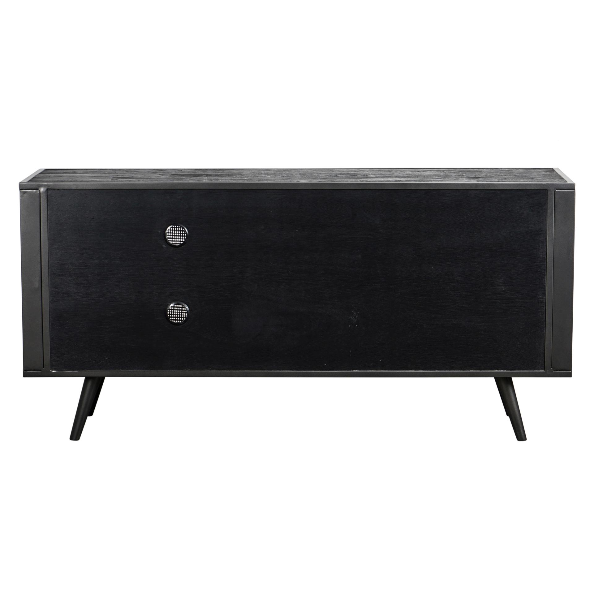 Das TV-Board Nordic Mindi Rattan überzeugt mit seinem Industriellen Design. Gefertigt wurde es aus Rattan und Mindi Holz, welches einen schwarzen Farbton besitzt. Das Gestell ist aus Metall und hat eine schwarze Farbe. Das TV-Board verfügt über drei Türen