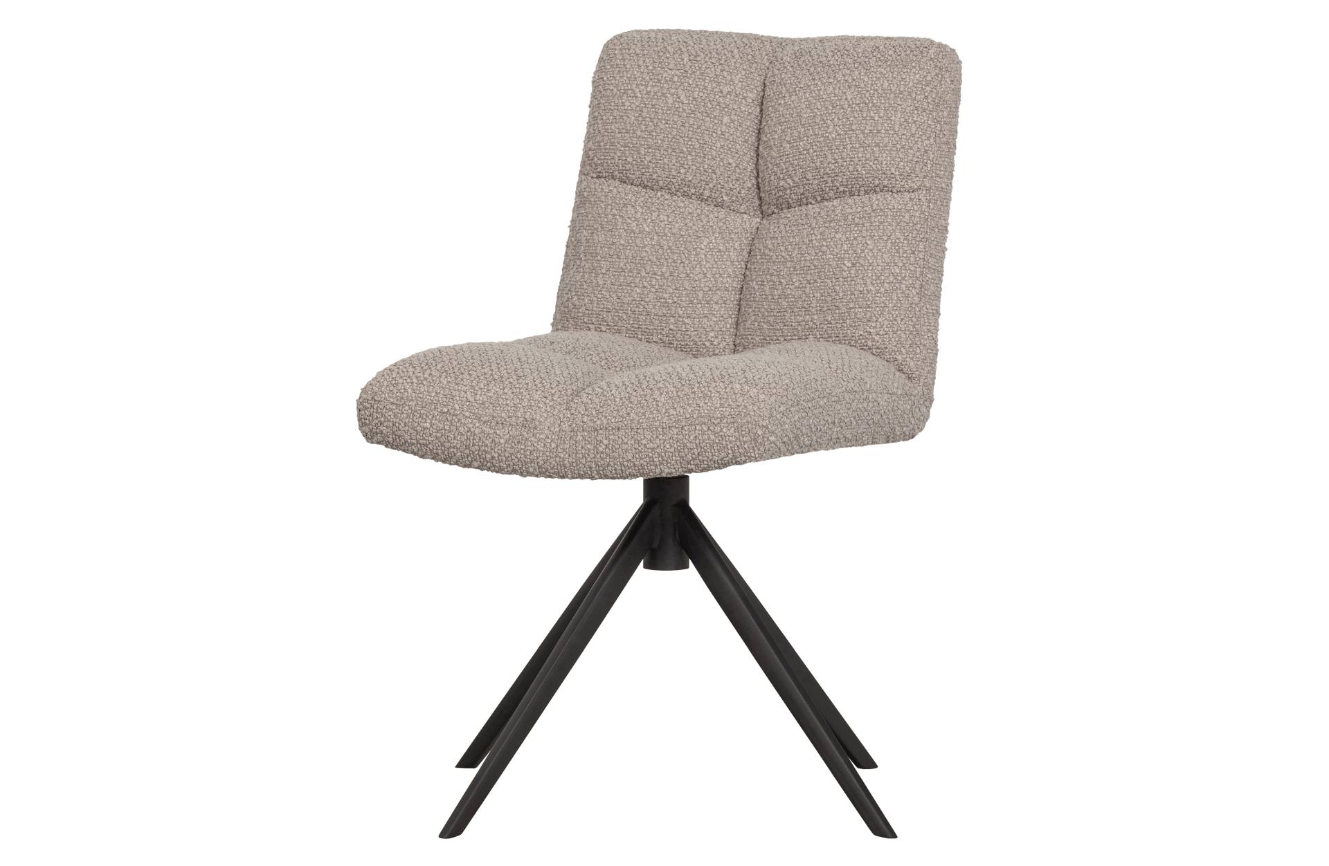 Der Esszimmerstuhl Vinny überzeugt mit seinem modernem Design. Gefertigt wurde der Stuhl aus einem Boucle Stoff, welcher einen Sand Farbton besitzt. Das Gestell ist aus Metall und hat eine schwarze Farbe.
