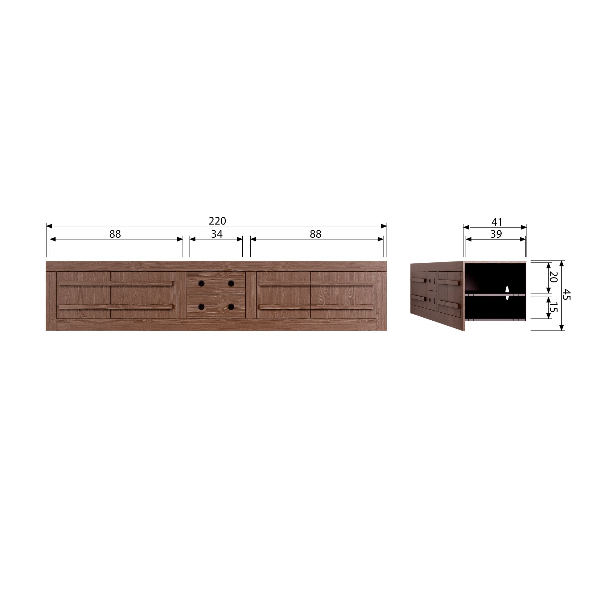 Das TV-Board Hiku überzeugt mit seinem moderndem Design. Gefertigt wurde es aus Kiefernholz, welches einen braunen Farbton besitzt. Das TV-Board verfügt über vier Türen und zwei Schubladen. Die Breite beträgt 220 cm.