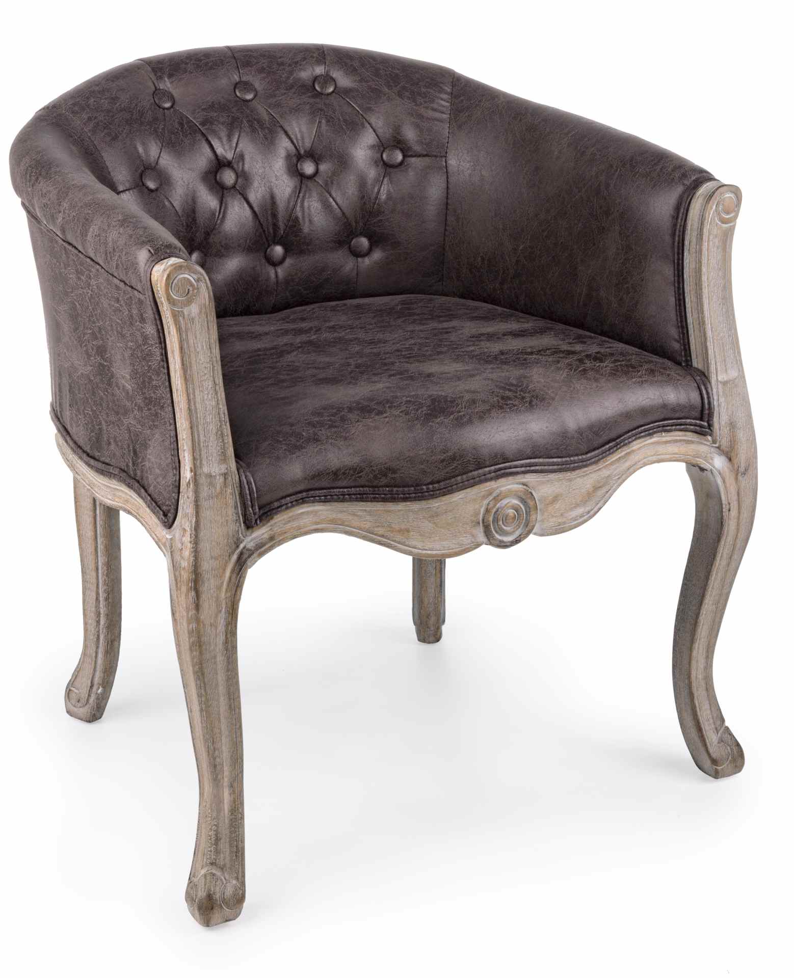 Der Sessel Diva überzeugt mit seinem klassischen Design. Gefertigt wurde er aus Kunstleder, welches einen braunen Farbton besitzt. Das Gestell ist aus Kautschukholz und hat eine natürliche Farbe. Der Sessel besitzt eine Sitzhöhe von 43 cm. Die Breite betr