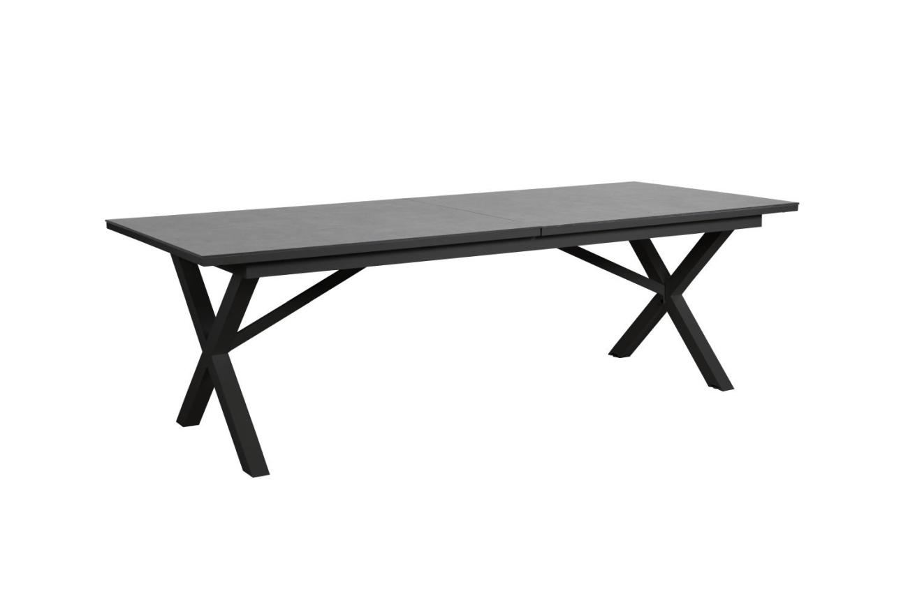 Der Gartenesstisch Hillmond überzeugt mit seinem modernen Design. Gefertigt wurde die Tischplatte aus Granit und besitzt einen schwarze Farbton. Das Gestell ist auch aus Metall und hat eine schwarze Farbe. Der Tisch besitzt eine Länger von 238 cm welche b
