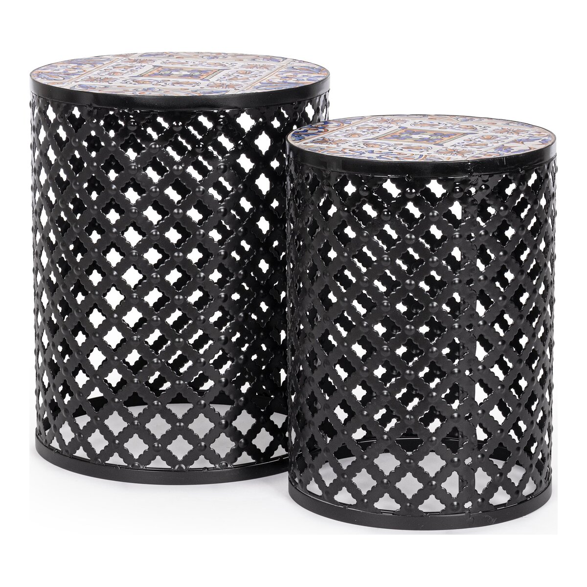 2er-Set Gartenbeistelltisch Mykonos - Metall & Keramik, Ø 30 / 35 cm