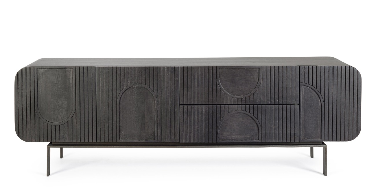 Das TV Board Orissa überzeugt mit seinem modernen Design. Gefertigt wurde es aus Mangoholz, welches einen schwarzen Farbton besitzt. Das Gestell ist aus Metall und hat eine schwarze Farbe. Das TV Board besitzt eine Breite von 172 cm.