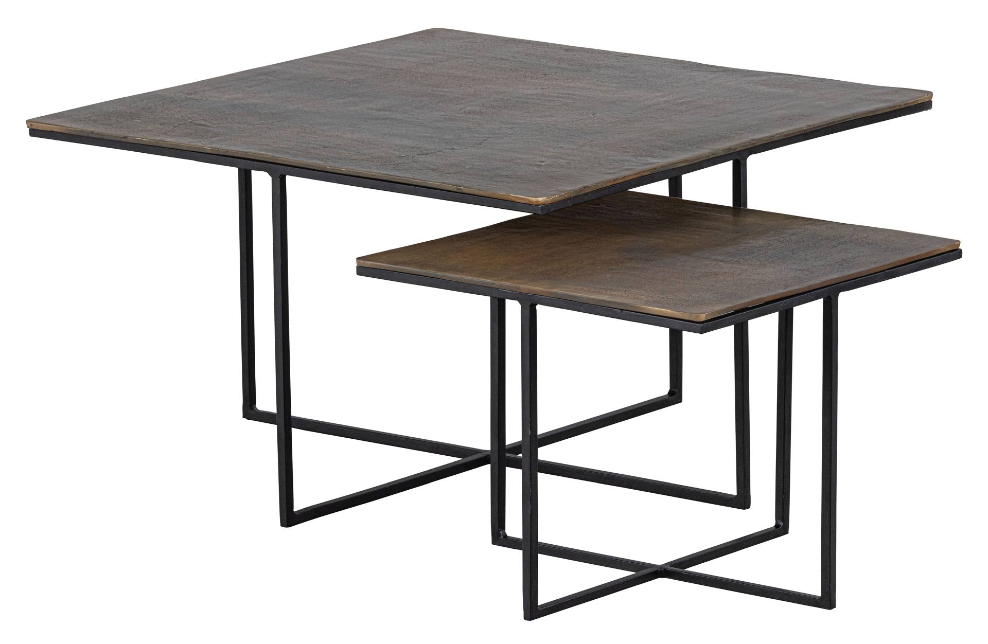 Das Beistelltisch 2er-Set Olan wurde aus Metall gefertigt. Es überzeugt mit seinem industriellem Design. Die Tischplatte besitzt ein Messing Farbton, das Gestell ist schwarz.