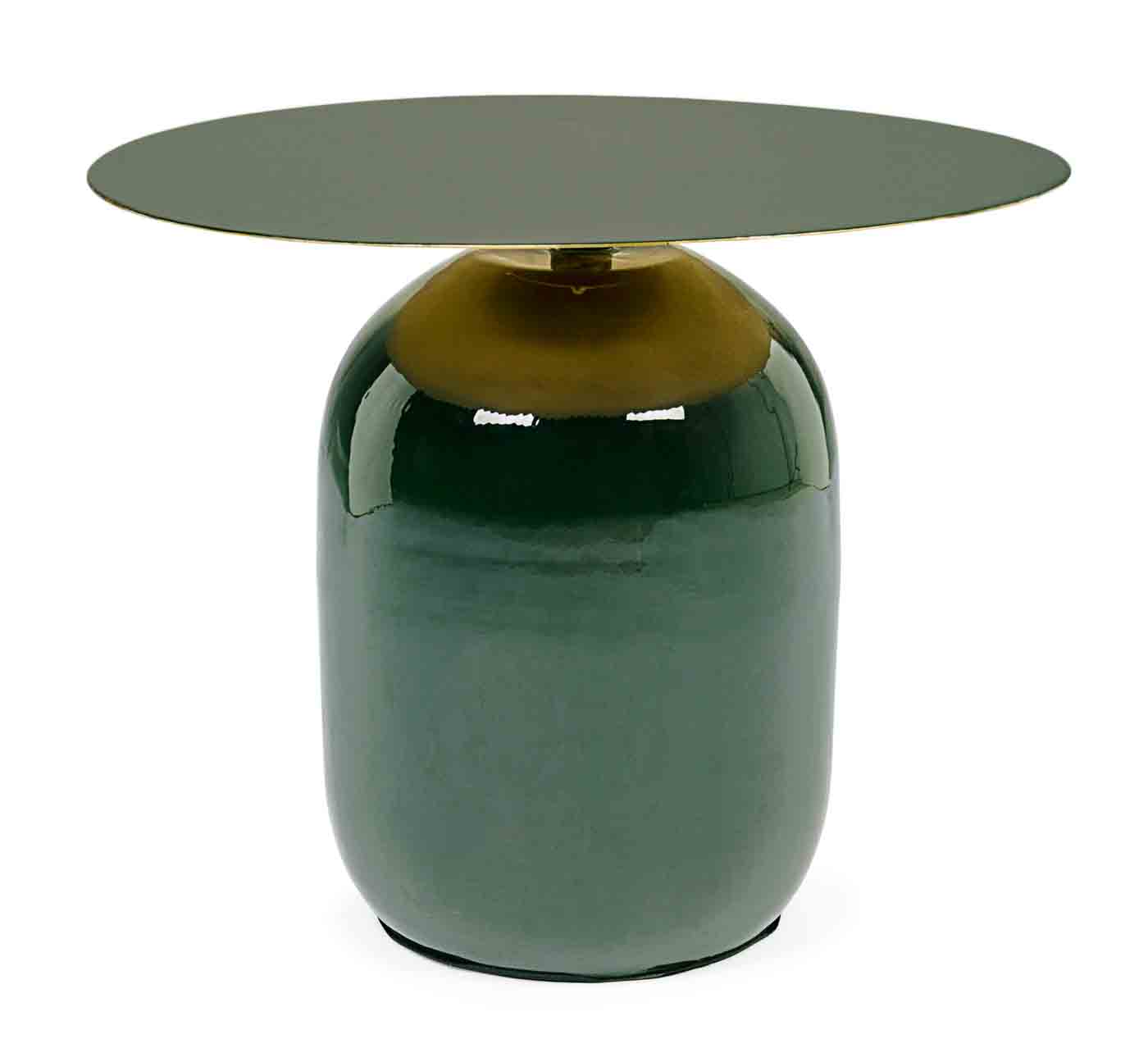 Der Beistelltisch Nalima wurde aus Metall gefertigt, welches eine Feinbearbeitung aus Lack erhalten hat. Zusätzlich verfügt der Tisch über vergoldete Bereiche, welche das moderne Design unterstreichen.