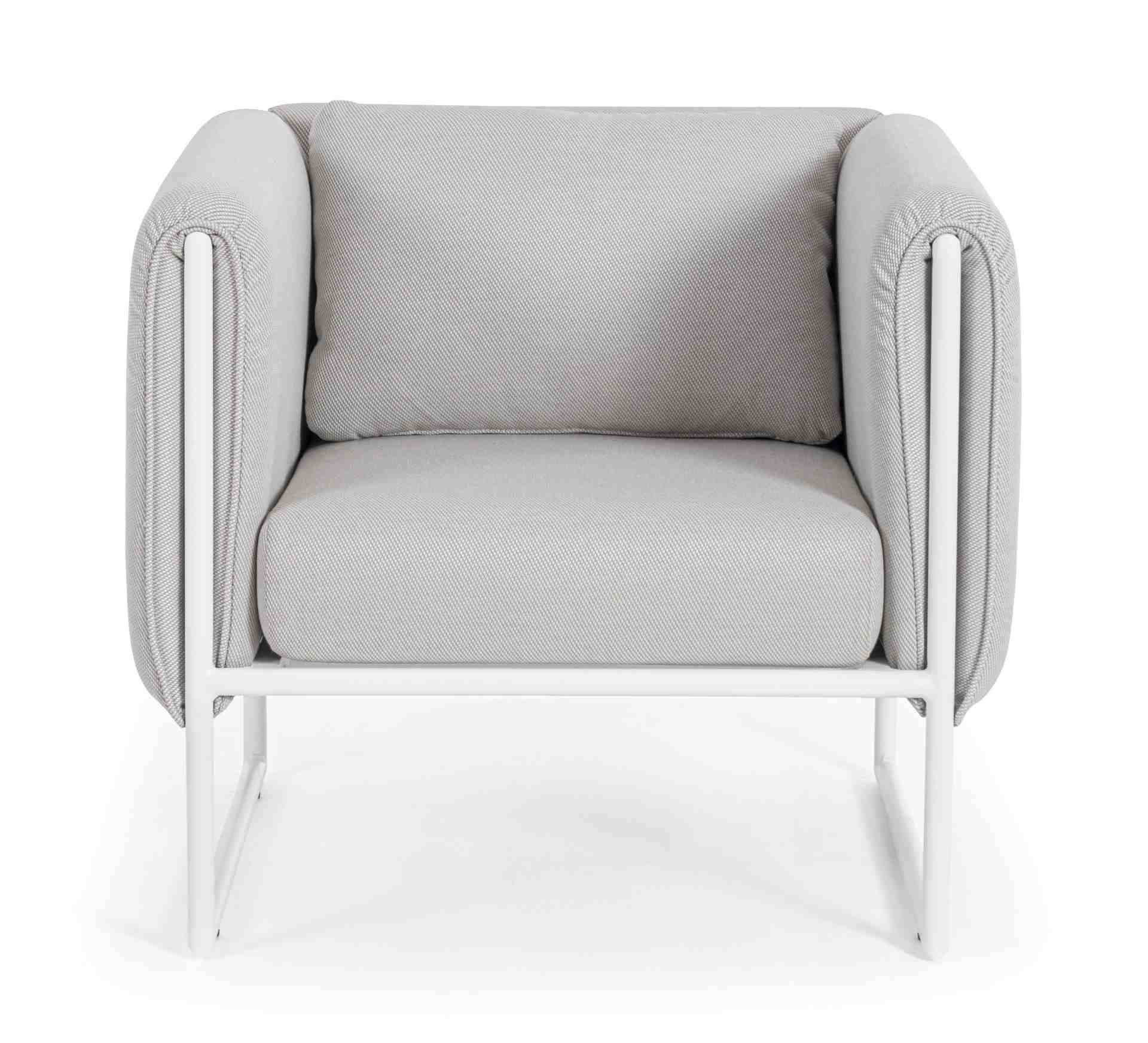 Der Gartensessel Pixel überzeugt mit seinem modernen Design. Gefertigt wurde er aus Olefin-Stoff, welcher einen grauen Farbton besitzt. Das Gestell ist aus Aluminium und hat eine weiße Farbe. Der Sessel verfügt über eine Sitzhöhe von 42 cm und ist für den