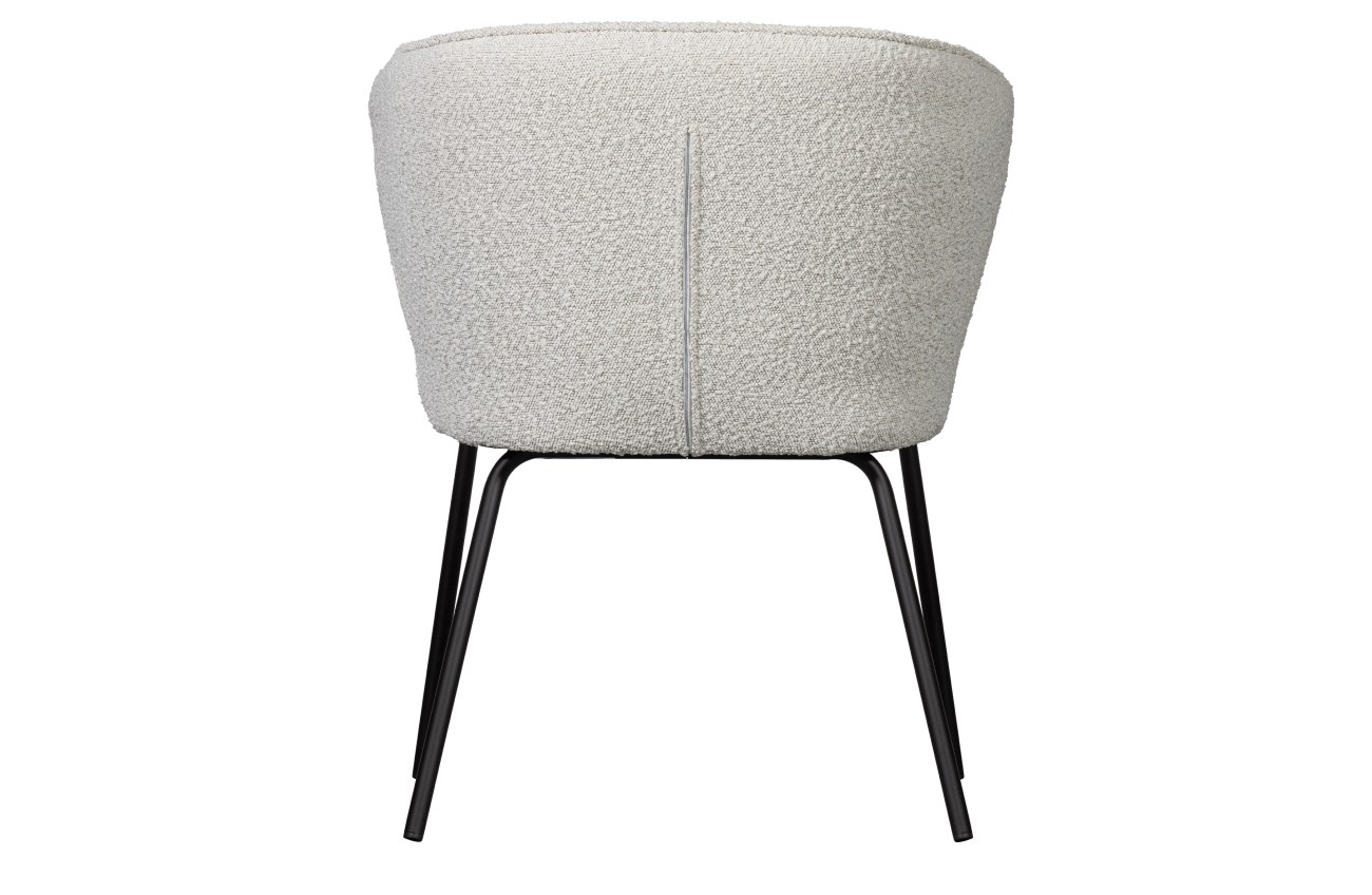 Der Esszimmerstuhl Admit überzeugt mit seinem modernen Design. Gefertigt wurde er aus Boucle Stoff, welcher einen weißen Farbton besitzt. Das Gestell ist aus Metall und hat eine schwarze Farbe. Der Sessel besitzt eine Sitzhöhe von 48.