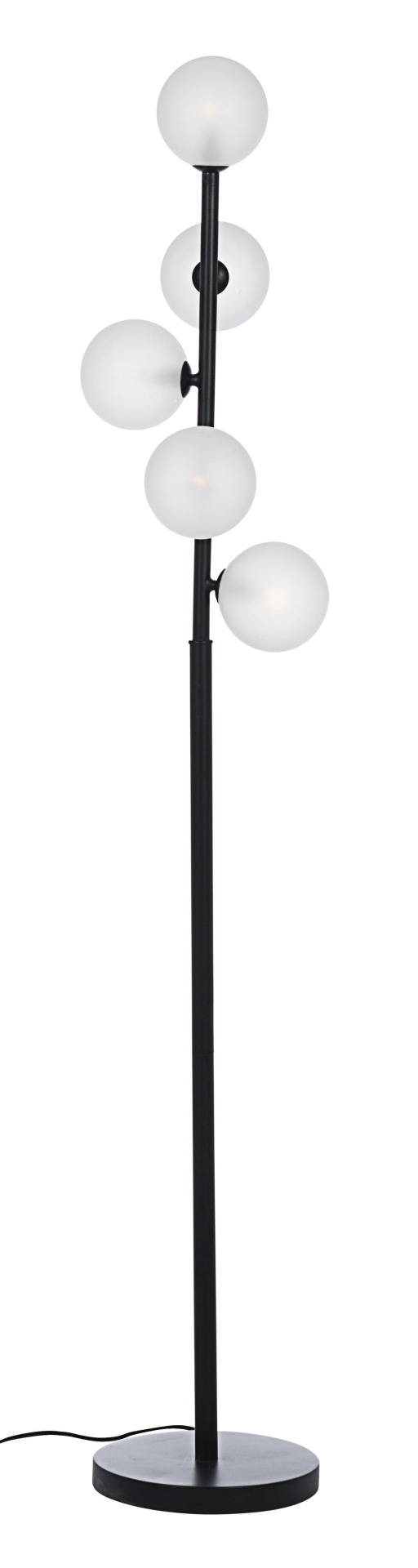 Die Stehlampe Balls überzeugt mit ihrem moderndem Design. Gefertigt wurde sie aus welches einen schwarzen Farbton besitzt. Die Lampengehäuse sind aus Milchglas- Die Lampe verfügt insgesamt über fünf Lichtquellen, mit G9 MAX 3W Glühbirnen. Die Kabellänge d