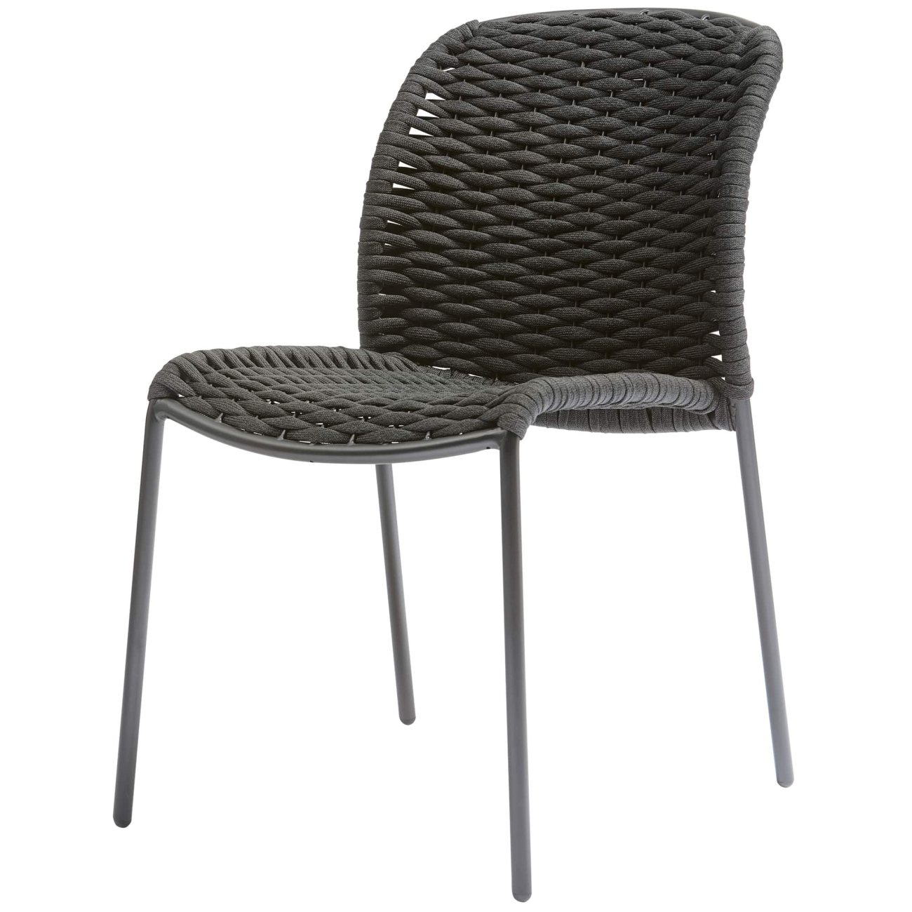 Der Gartenstuhl Taki überzeugt mit seinem modernen Design. Gefertigt wurde er aus Seilen aus Textilene, welche einen schwarzen Farbton besitzt. Das Gestell ist aus Metall und hat eine schwarze Farbe. Der Stuhl ist stapelbar.