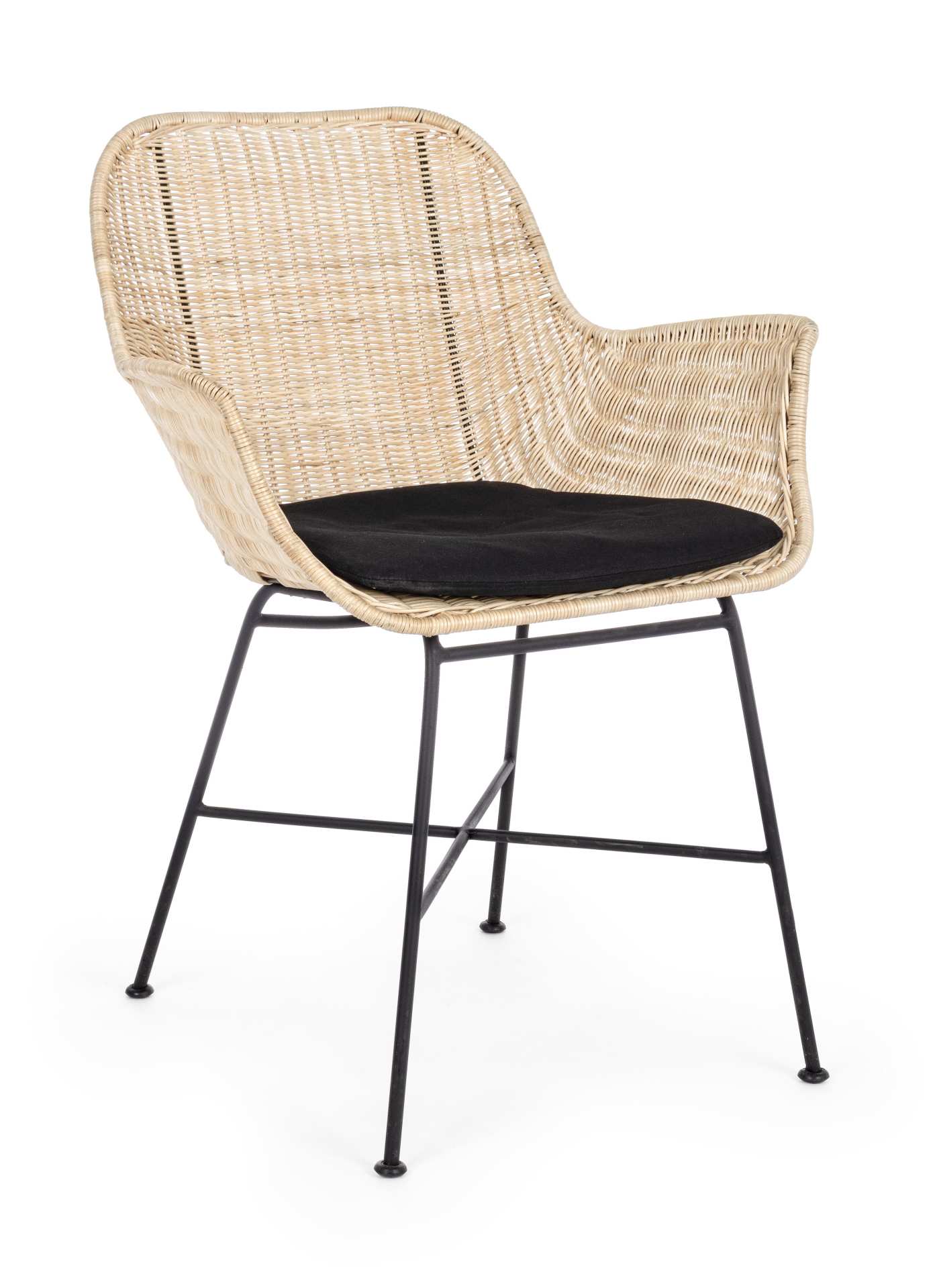 Der Stuhl Atica überzeugt mit seinem modernen Design. Gefertigt wurde der Stuhl aus einem Binsengeflecht, welches einen natürlichen Farbton besitzt. Das Gestell ist aus Metall und ist Schwarz. Der Stuhl wird inklusive Sitzkissen in der Farbe passend zum G
