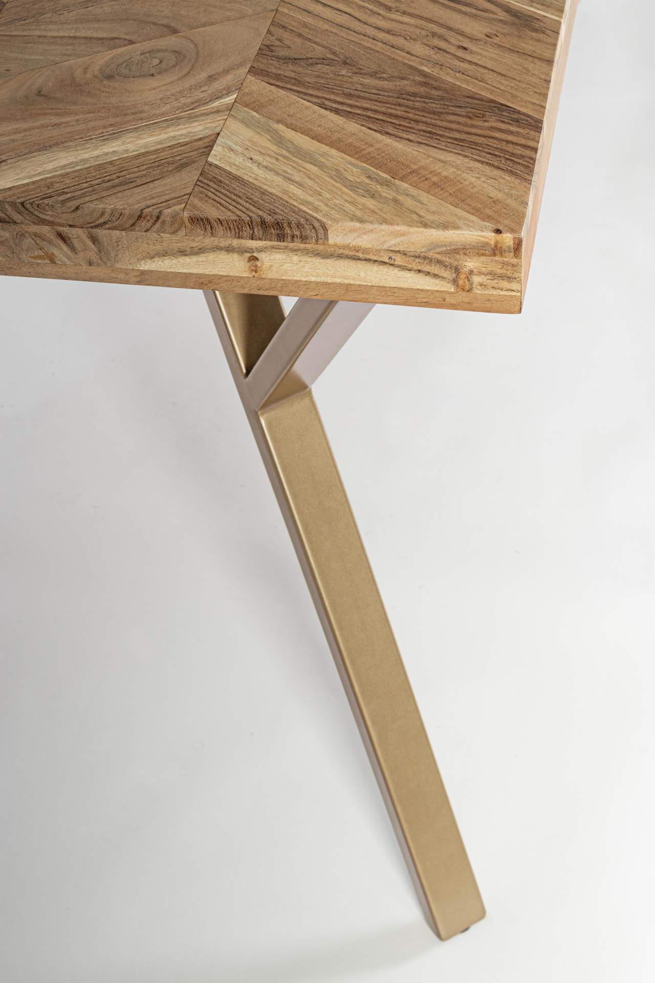 Der Esstisch Raida überzeugt mit seinem moderndem Design. Gefertigt wurde er aus Akazienholz, welches einen natürlichen Farbton besitzt. Das Gestell des Tisches ist aus Metall und ist in eine goldene Farbe. Der Tisch besitzt eine Breite von 160 cm.