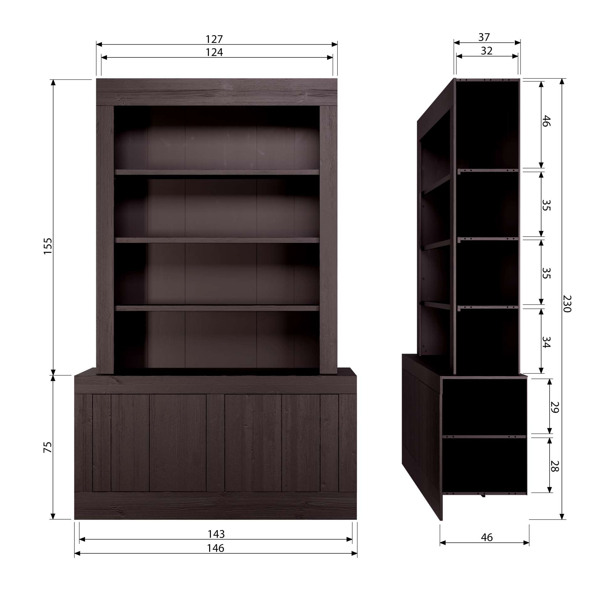 Der Buffetschrank Yumi überzeugt mit seinem modernem Design. Gefertigt wurde er aus Kiefernholz, welches einen dunkelbraunen Farbton besitzt. Der Schrank verfügt über zwei Türen und drei offene Fächer. Die Breite beträgt 146 cm.