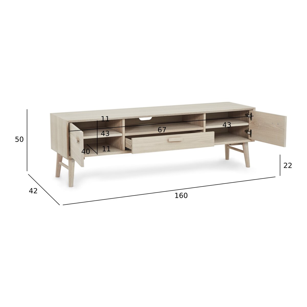TV-Board Otaro Eiche Whitewash 160 cm - mit Türen, Schublade & Soft-Close