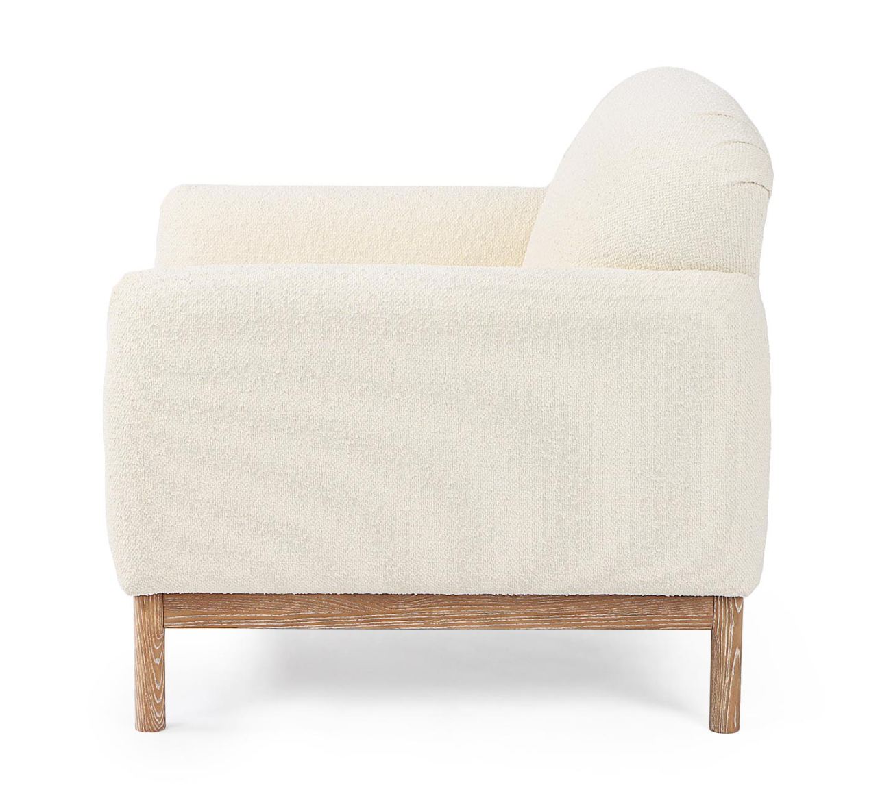 Der Sessel Detroit überzeugt mit seinem modernen Stil. Gefertigt wurde er aus Bouclè-Stoff, welcher einen Creme Farbton besitzt. Das Gestell ist aus Eschenholz und hat eine natürliche Farbe. Der Sessel verfügt über eine Armlehne.