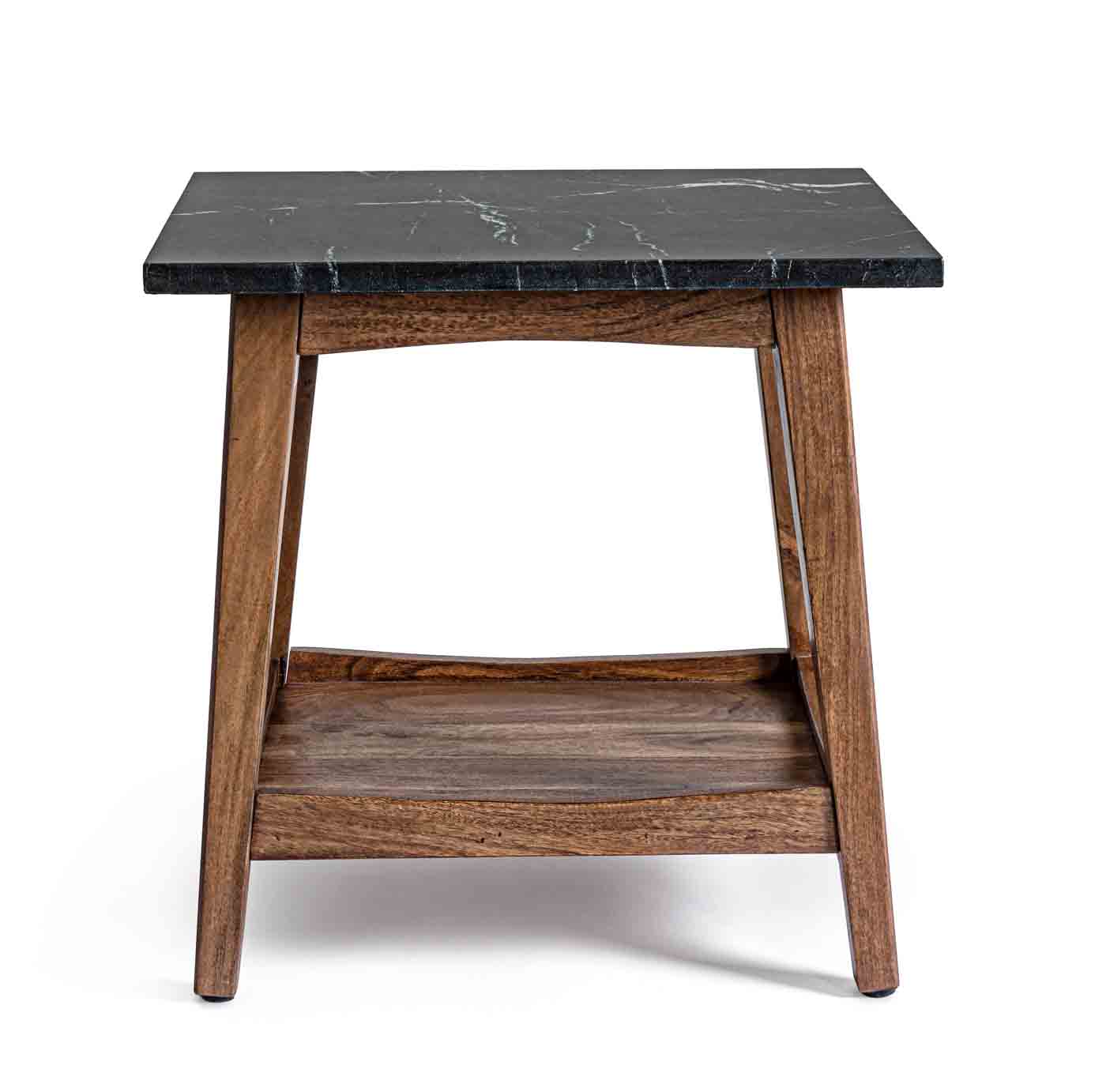 Stilvoller Couchtisch Pueblo wurde aus einem Akazienholzgestell gefertigt. Die Oberfläche ist aus Marmor. Der Tisch besitzt eine Unterplatte für ausreichend Stauraum.