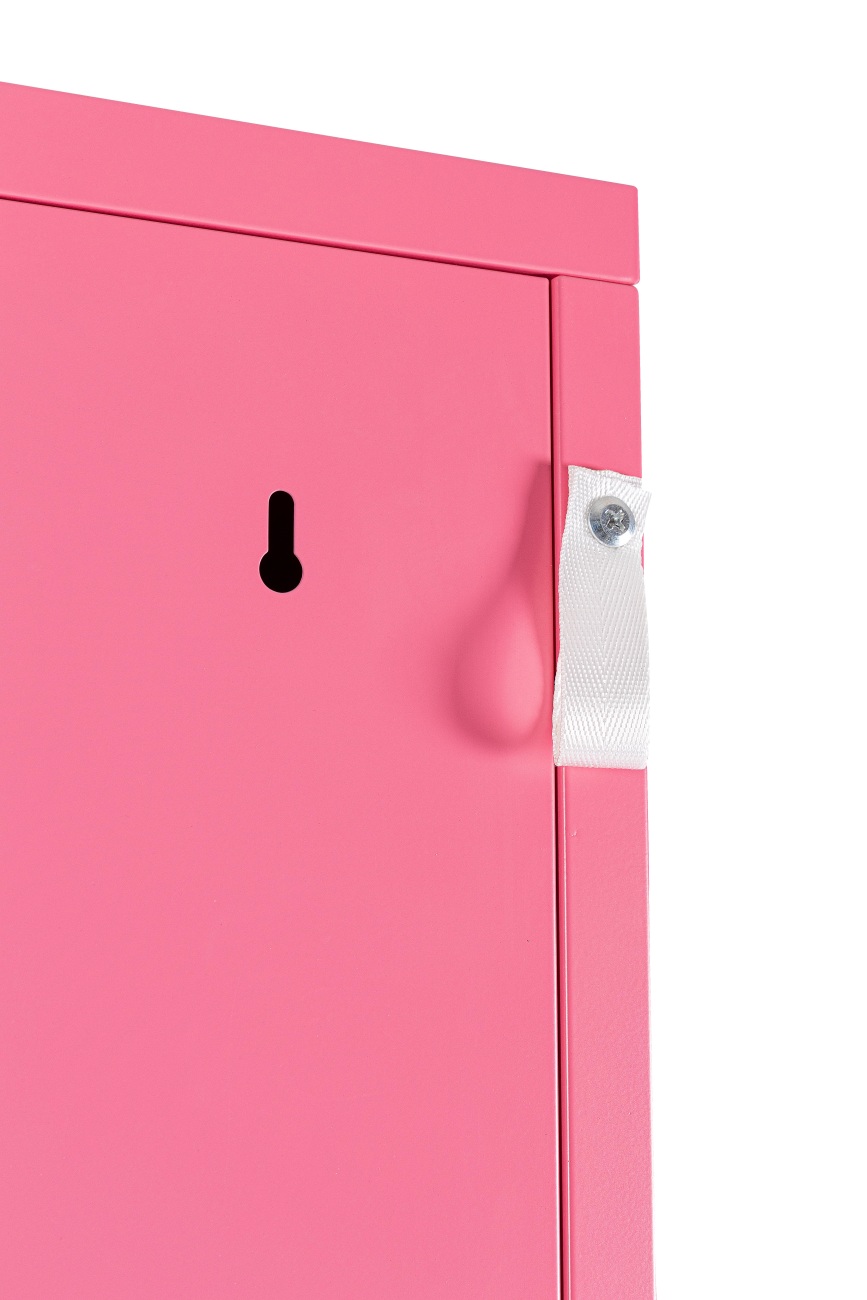 Der Kleiderschrank Cambridge überzeugt mit seinem modernen Stil. Gefertigt wurde er aus Metall, welches einen rosa Farbton besitzt. Das Gestell ist auch aus Metall. Der Kleiderschrank verfügt über eine Tür.