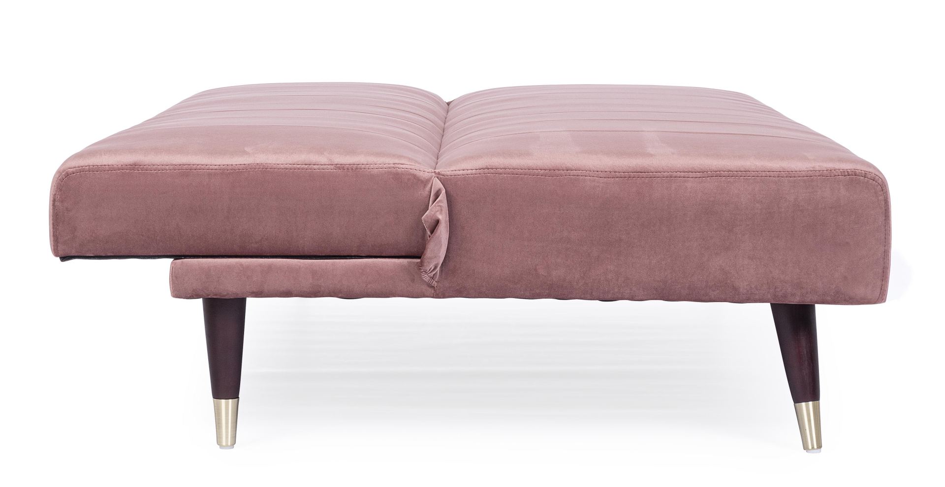 Das Schlafsofa Alma überzeugt mit seinem klassischen Design. Gefertigt wurde es aus Samt, welcher einen rosa Farbton besitzt. Das Gestell ist aus Metall und hat eine schwarzen Farbe. Die Schlaffunktion hat ein Maß von 180x105 cm. Das Sofa ist in der Ausfü
