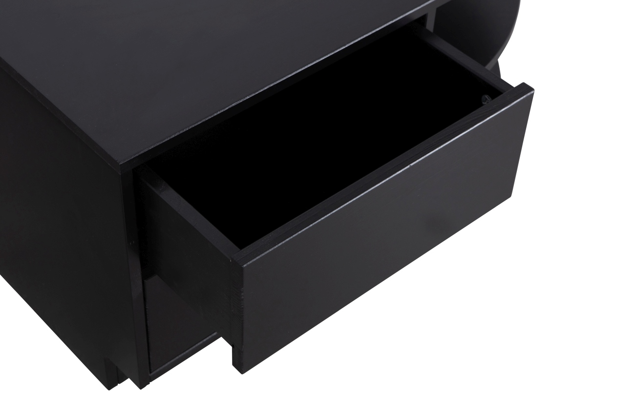 Das TV Board Fianca überzeugt mit seinem modernen Design. Gefertigt wurde es aus Kiefernholz, welches einen schwarzen Farbton besitzt. Das TV Board besitzt eine Breite von 78 cm und ist beliebig mit anderen Teilen kombinierbar.