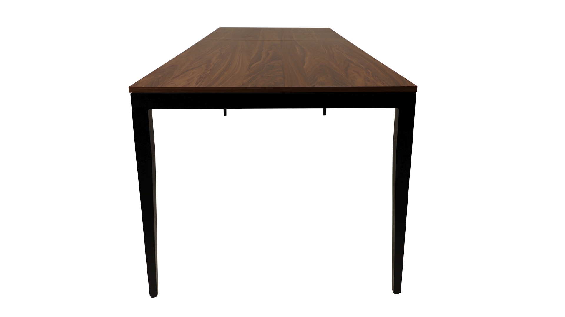 Der schoene Esstisch Jupiter von der Marke Jan Kurtz ist ausziehbar. Der Tisch besitzt ein schwarzes Metall Gestell mit einer Tischplatte in Nussbaum Optik.