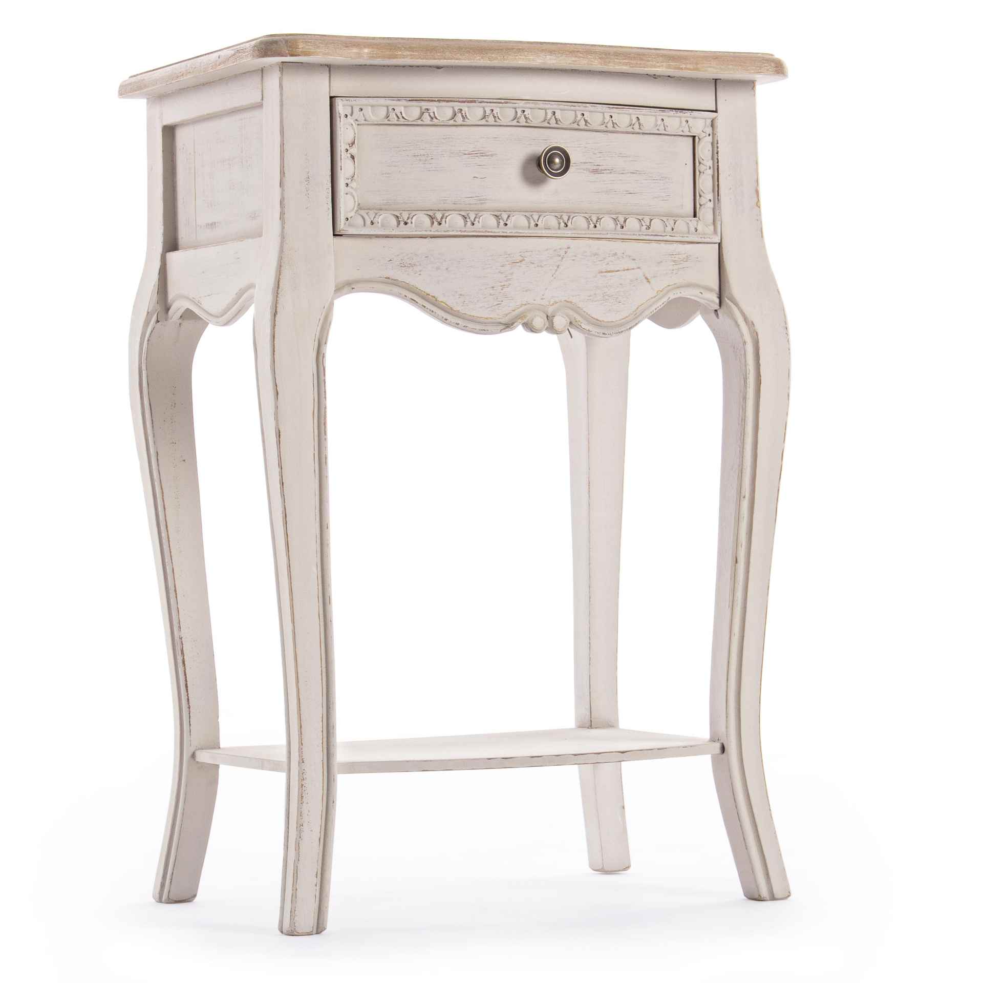 Der Nachttisch Clarissa überzeugt mit seinem klassischen Design. Gefertigt wurde er aus Paulowniaholz, welches einen grauen Farbton besitzt. Das Gestell ist auch aus Paulowniaholz. Der Nachttisch verfügt über eine Schublade. Die Breite beträgt 48 cm.