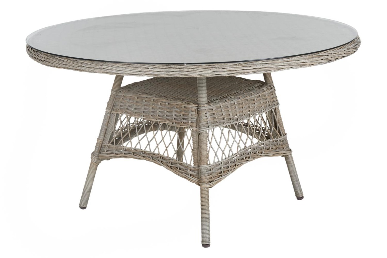 Der Gartenesstisch Kamomill überzeugt mit seinem modernen Design. Gefertigt wurde die Tischplatte aus Glas. Das Gestell ist auch aus Rattan und hat eine beige Farbe. Der Tisch besitzt einen Durchmesser von 130 cm.