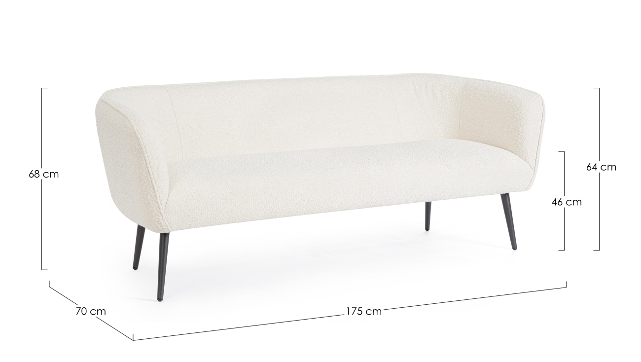 Das Sofa Avril überzeugt mit seinem modernen Stil. Gefertigt wurde es aus Bouclè-Stoff, welcher einen weißen Farbton besitzt. Das Gestell ist aus Metall und hat eine schwarze Farbe. Das Sofa ist in der Ausführung 3-Sitzer.