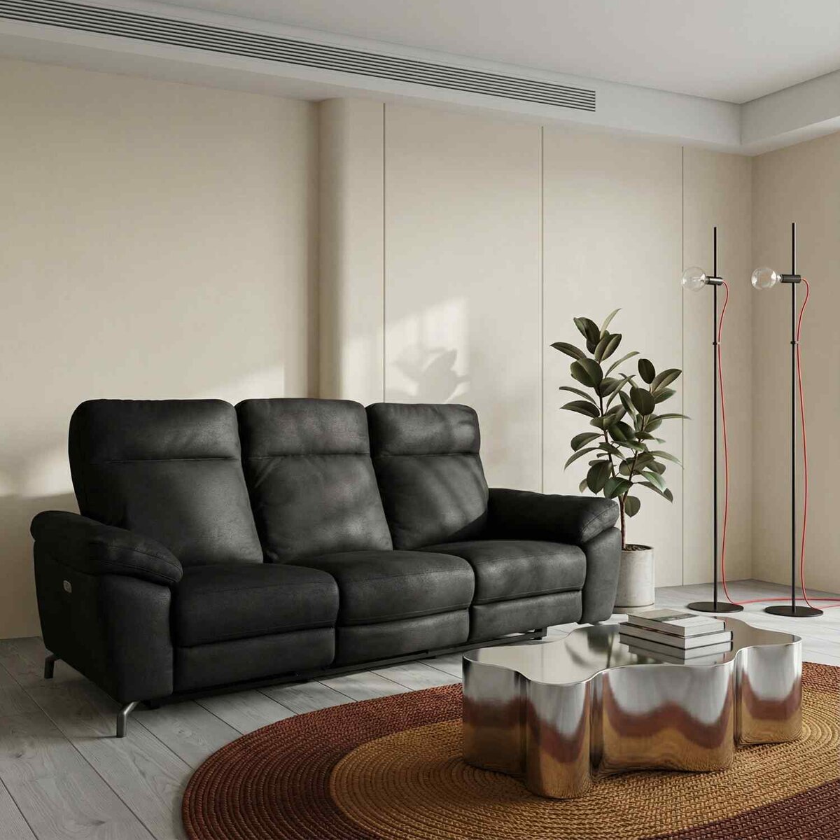 3-Sitzer Relaxsofa Astella Stoff Schwarz - Elektrisches Sofa mit Liegefunktion & USB