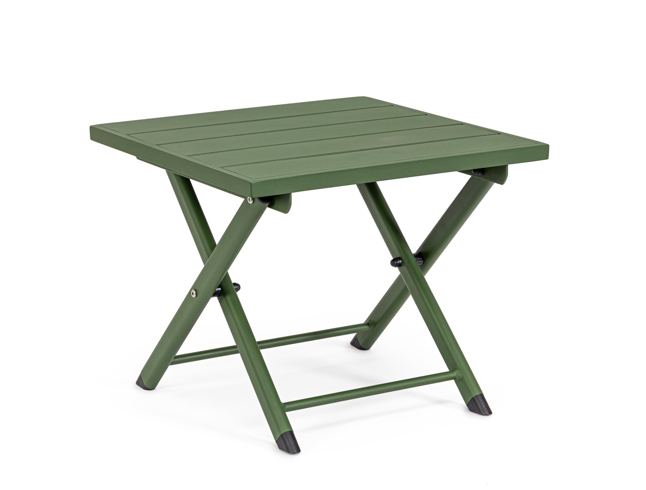 Der Gartenbeistelltisch Taylor überzeugt mit seinem modernen Design. Gefertigt wurde er aus Aluminium, welches einen grünen Farbton besitzt. Das Gestell ist auch aus Aluminium. Der Tisch besitzt eine Größe von 44x43 cm. Der Tisch ist klappbar.
