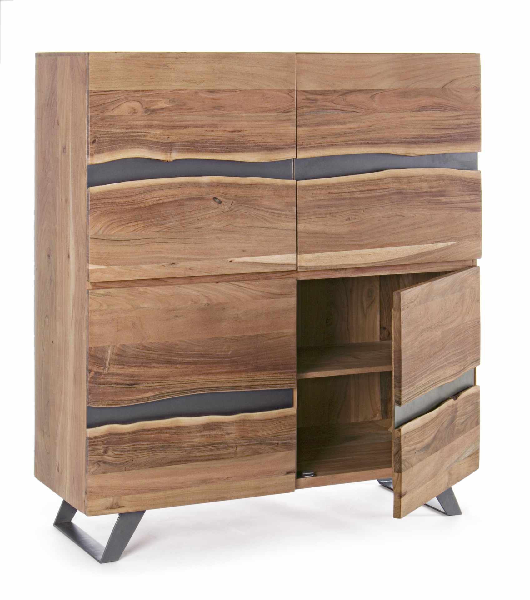 Das Sideboard Aron überzeugt mit seinem modernen Design. Gefertigt wurde es aus Akazien-Holz, welches einen natürlichen Farbton besitzt. Das Gestell ist aus Metall und hat eine schwarze Farbe. Das Sideboard verfügt über zwei Türen. Die Breite beträgt 118 